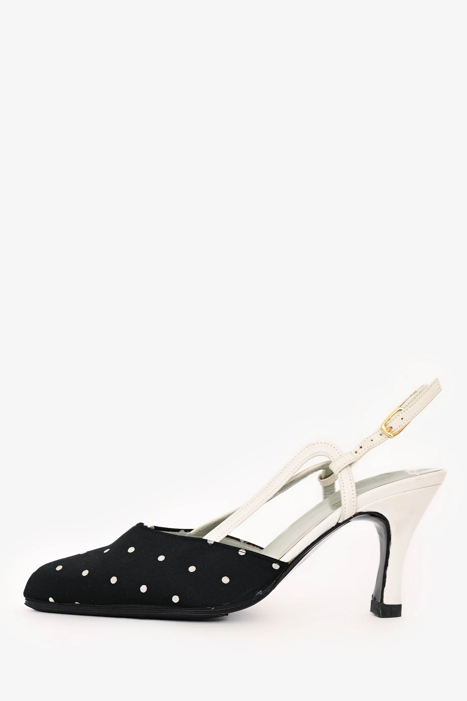Christian Dior Black/White Satin/Leather Polka Dot Slingback Heels Size 5 - Image 4