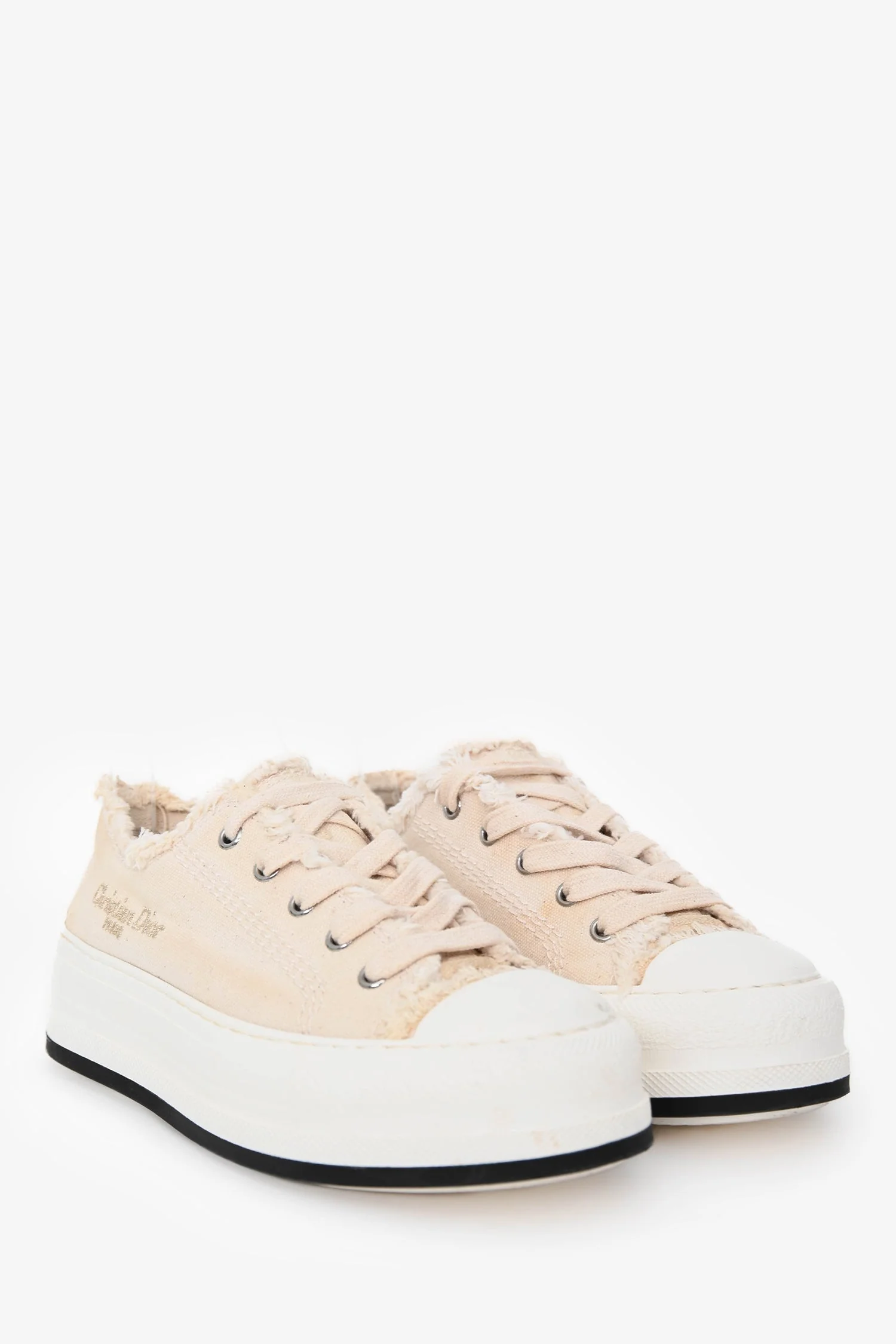 Christian Dior Cream Frayed Canvas Platform Sneakers Size 37 - Image 2