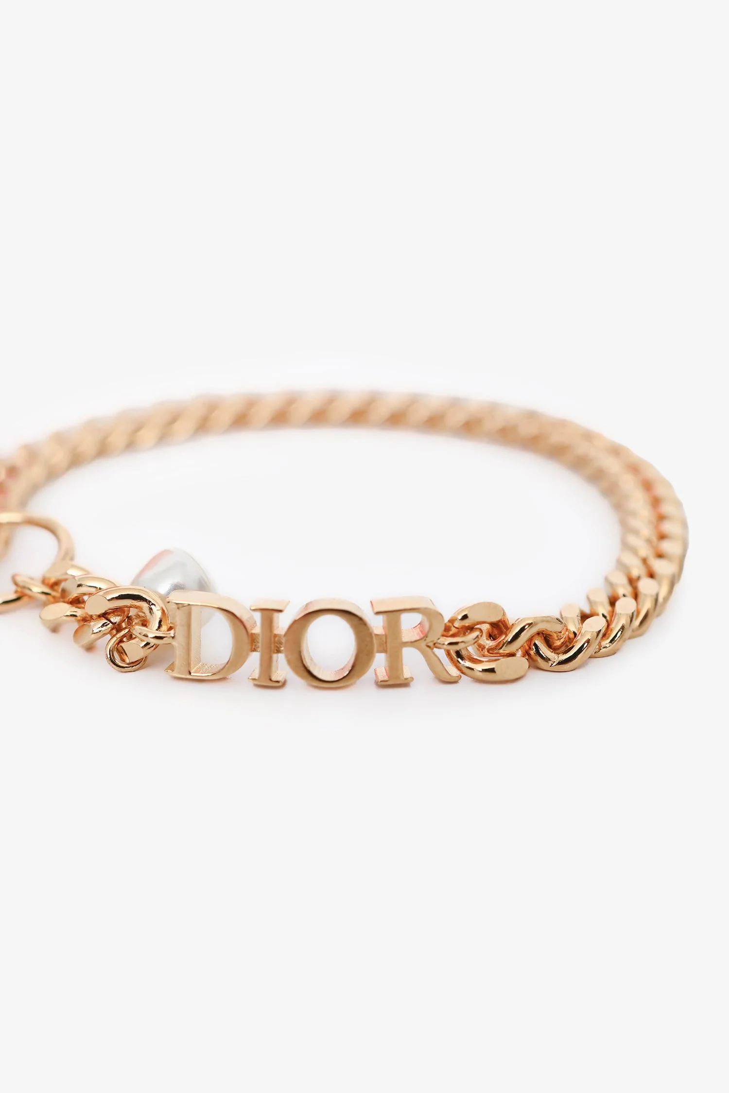 Christian Dior Gold Tone/Faux Pearl Chain Link Logo Toggle Bracelet - Image 3