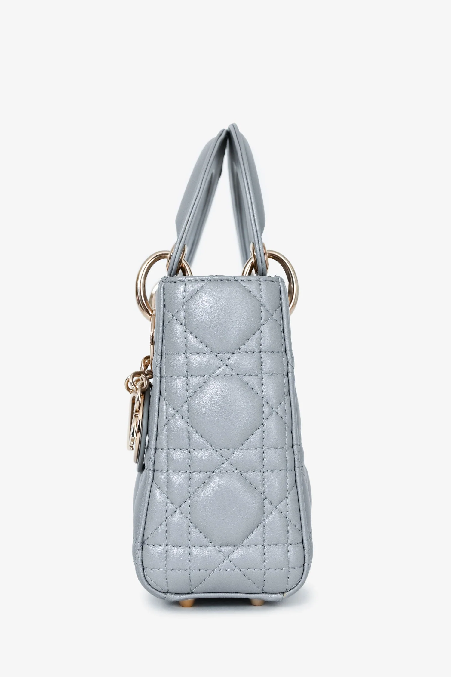 Christian Dior Grey Shimmer Leather Cannage Mini Lady Dior with Strap - Image 4