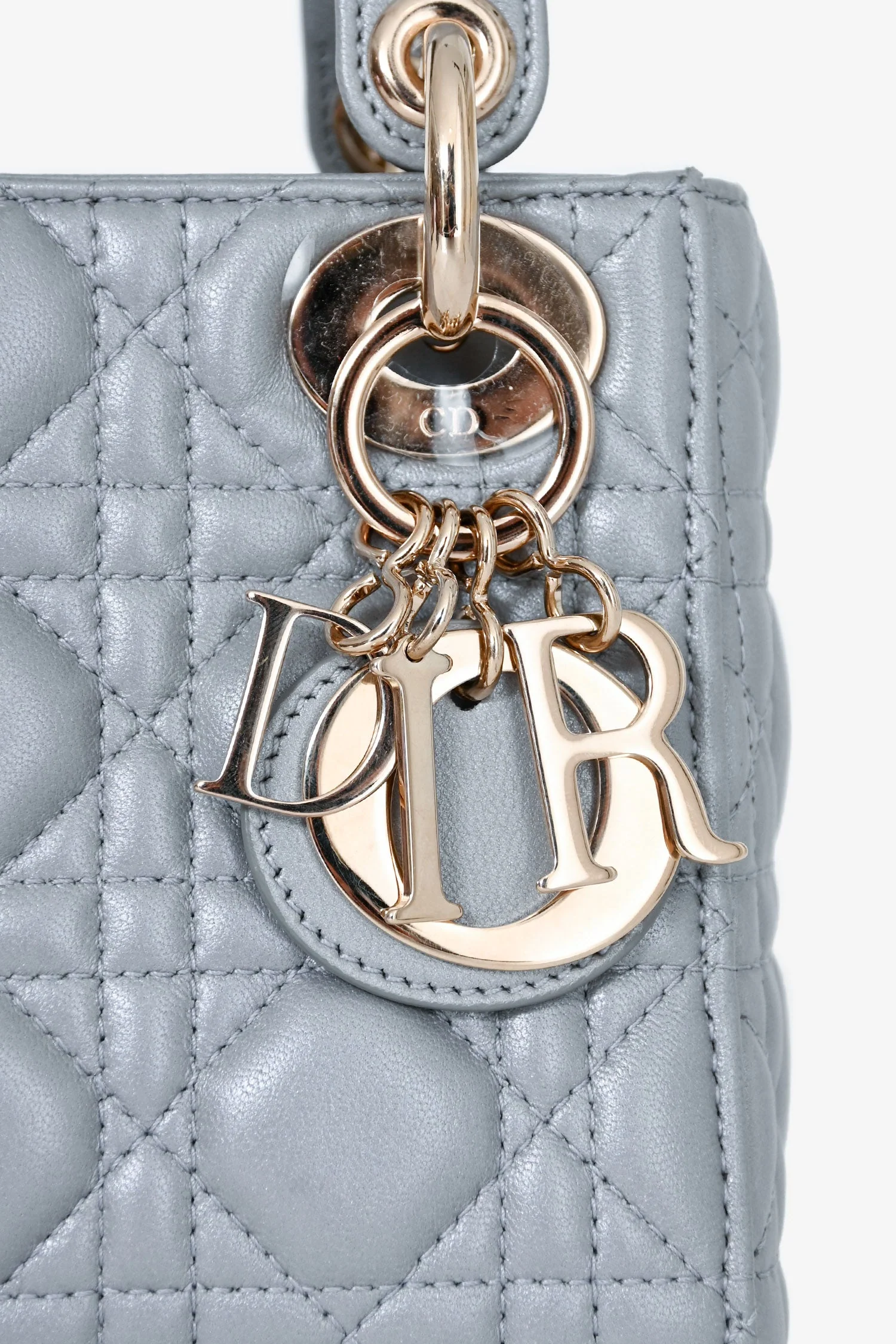 Christian Dior Grey Shimmer Leather Cannage Mini Lady Dior with Strap - Image 7