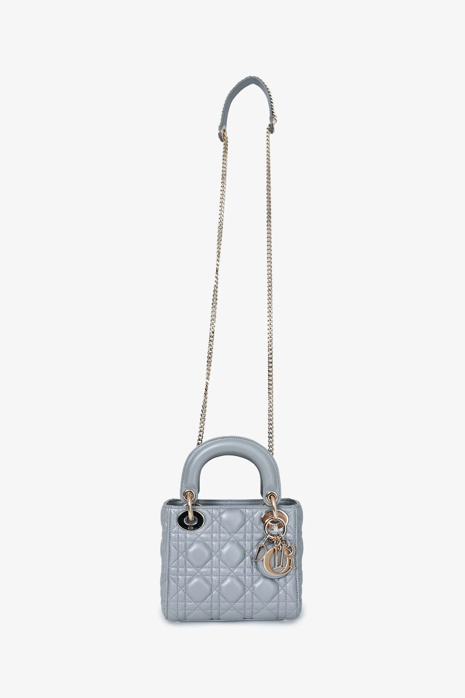 Christian Dior Grey Shimmer Leather Cannage Mini Lady Dior with Strap - Image 8