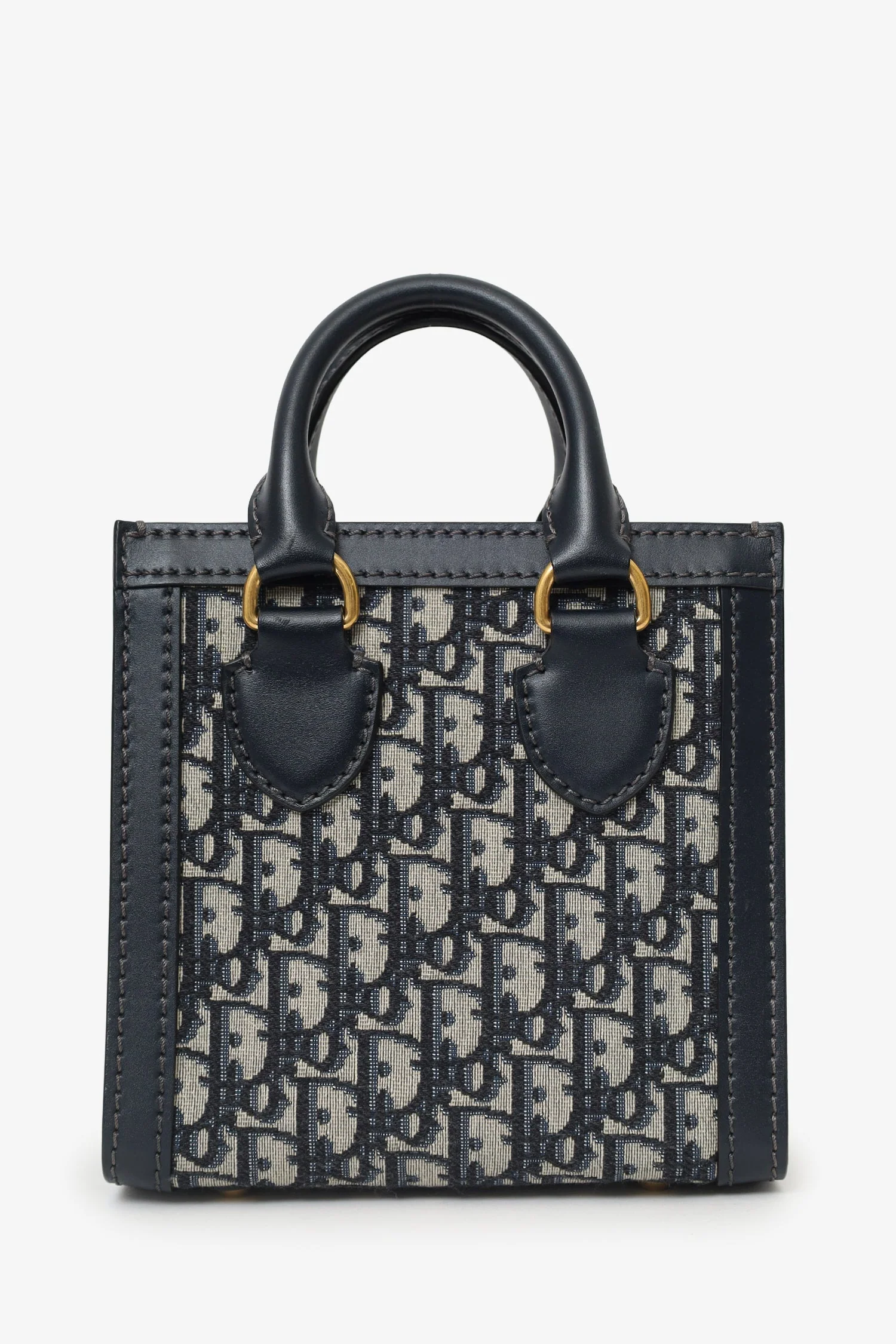 Christian Dior Navy Canvas/Leather Oblique Mini Tote Bag With Strap - Image 2