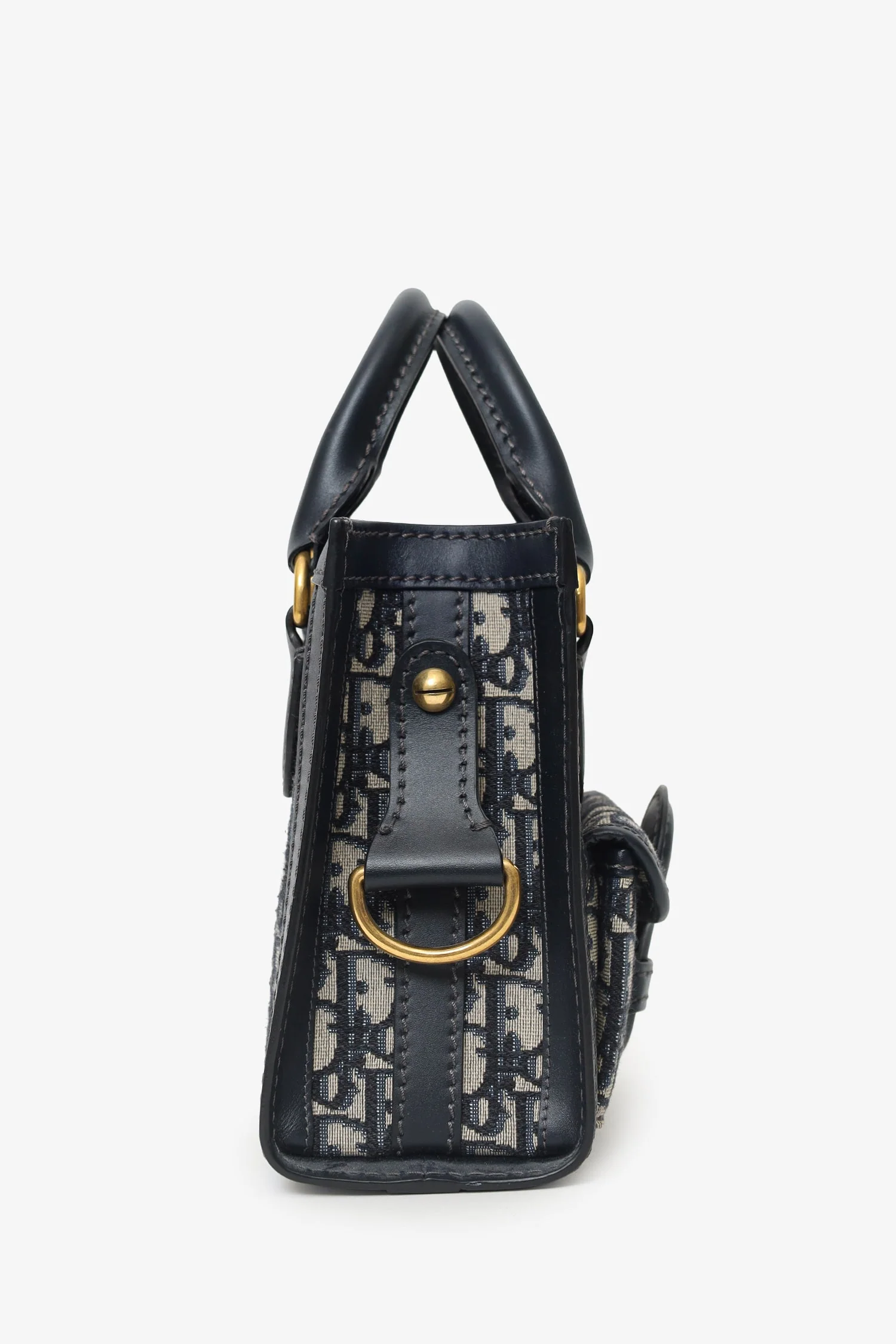 Christian Dior Navy Canvas/Leather Oblique Mini Tote Bag With Strap - Image 3