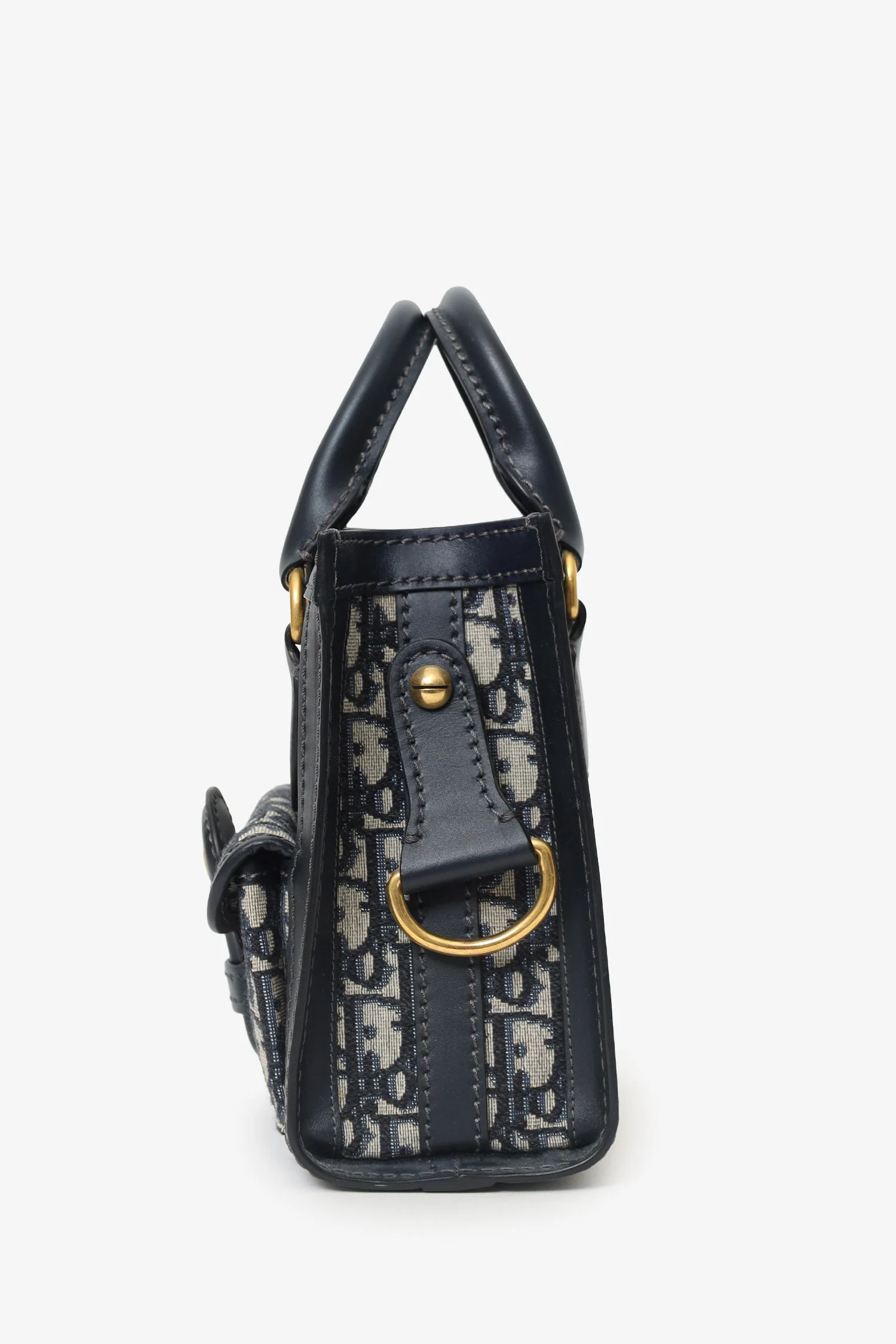Christian Dior Navy Canvas/Leather Oblique Mini Tote Bag With Strap - Image 4