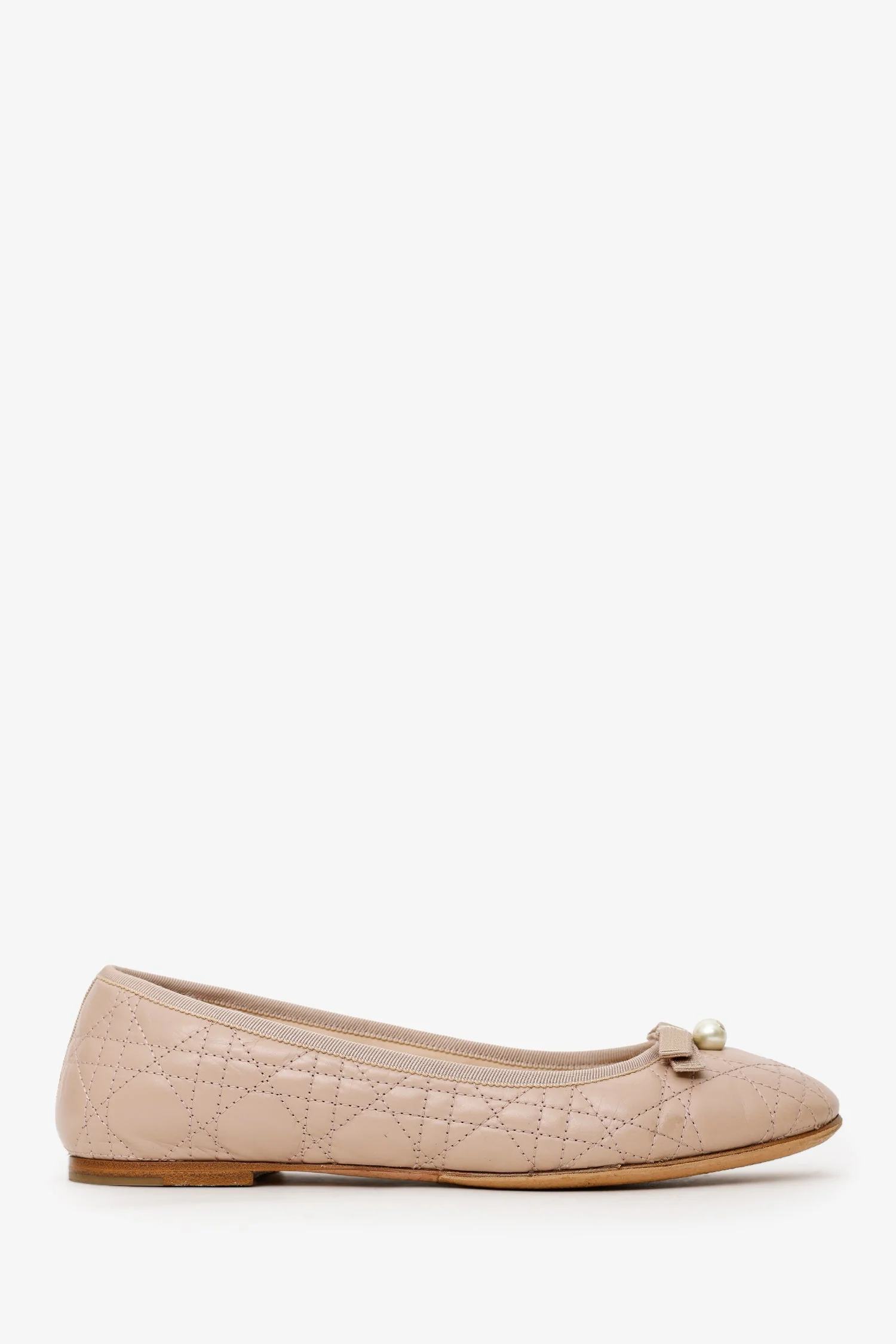 Christian Dior Powder Pink Leather Pearl Bow Cannage Ballet Flats Size 40