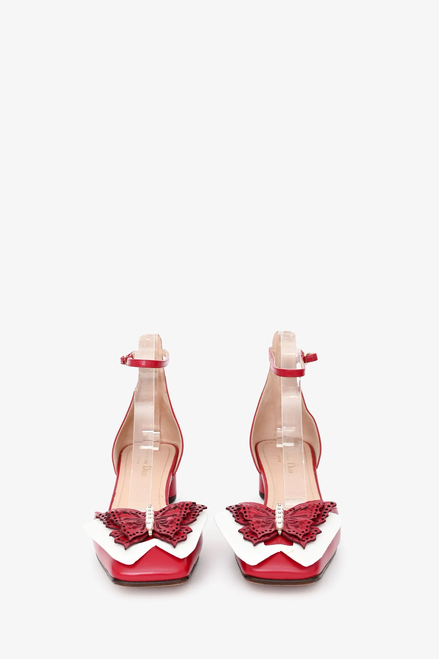 Christian Dior Red Leather Butterfly Kitten Block Heels Size 38.5 - Image 3