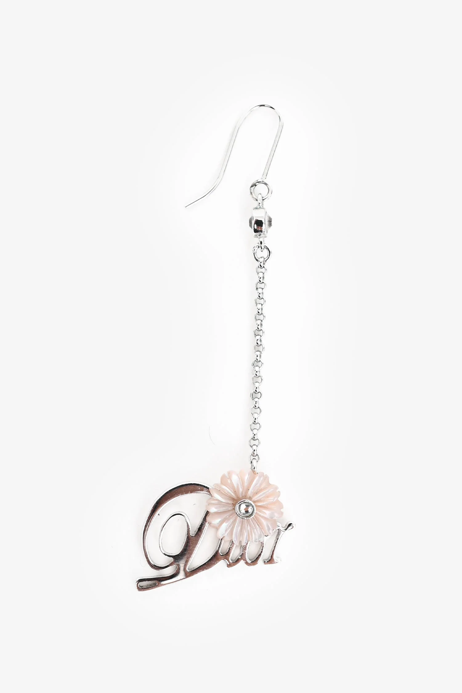 Christian Dior Silver Tone Metal Crystal Embellished Floral Logo Ear Pendants - Image 2