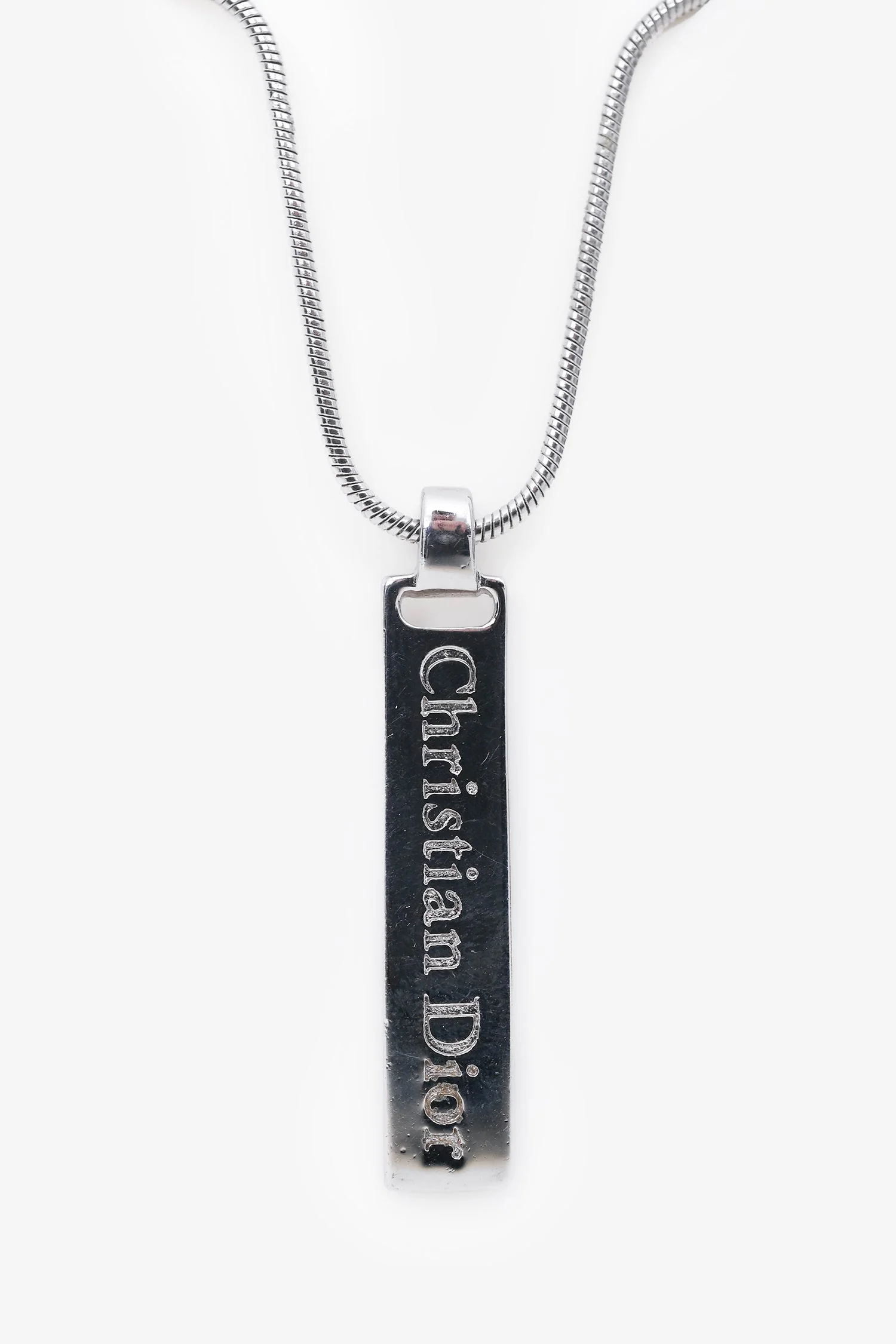 Christian Dior Silver Tone Metal Logo Plaque Pendant Necklace - Image 3