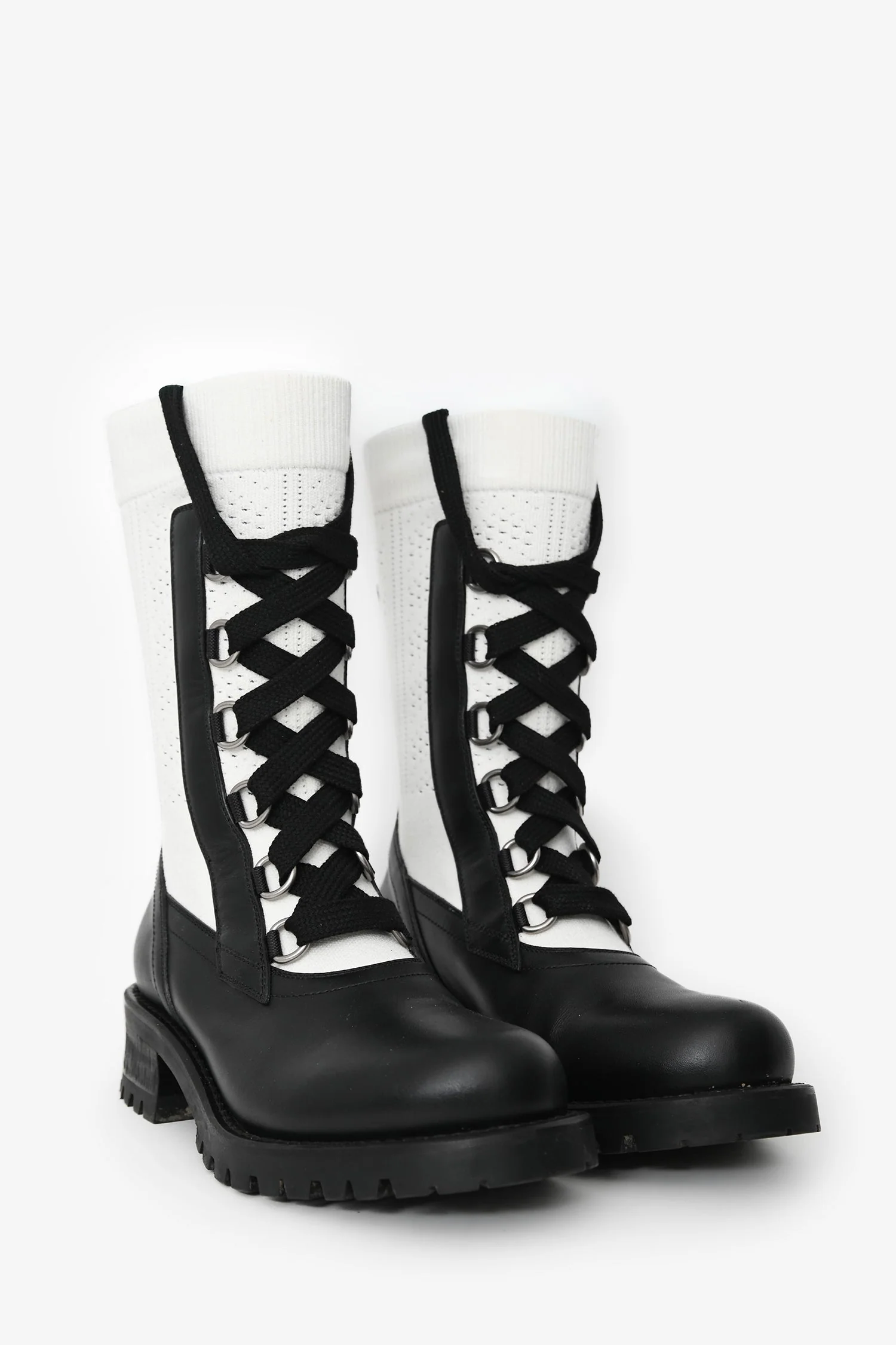 Christian Dior White/Black Knit/Leather Lace-Up Combat Boots Size 36.5 - Image 2