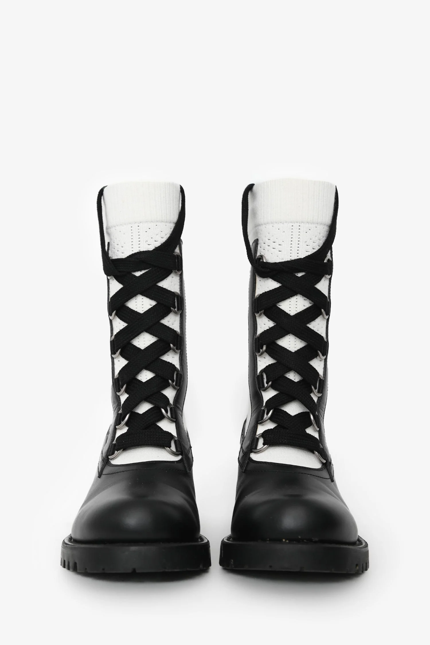 Christian Dior White/Black Knit/Leather Lace-Up Combat Boots Size 36.5 - Image 3