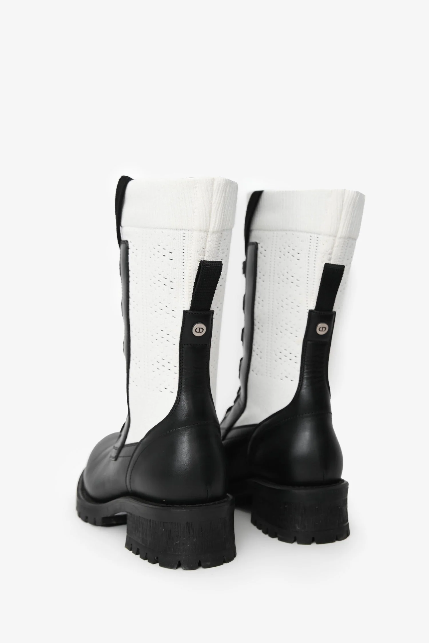 Christian Dior White/Black Knit/Leather Lace-Up Combat Boots Size 36.5 - Image 4