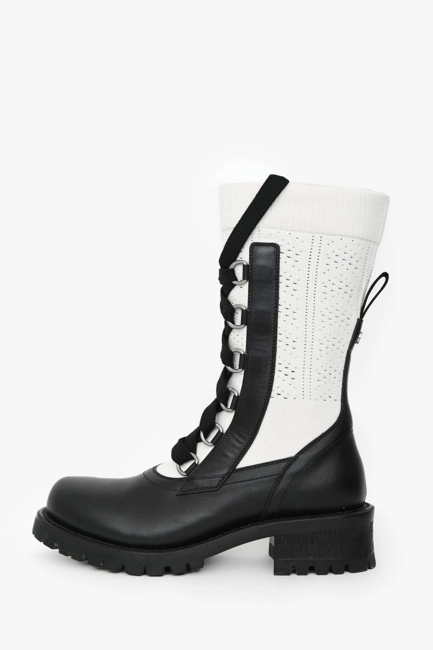 Christian Dior White/Black Knit/Leather Lace-Up Combat Boots Size 36.5 - Image 5