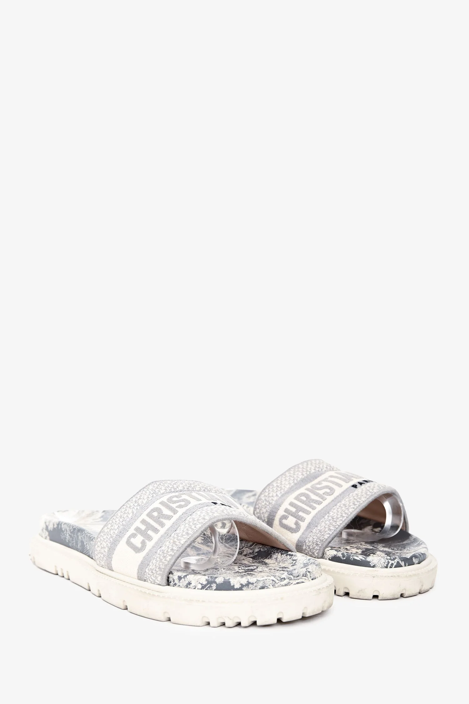 Christian Dior White/Grey Embroidered Toile de Jouy Logo Slides Size 38 - Image 2