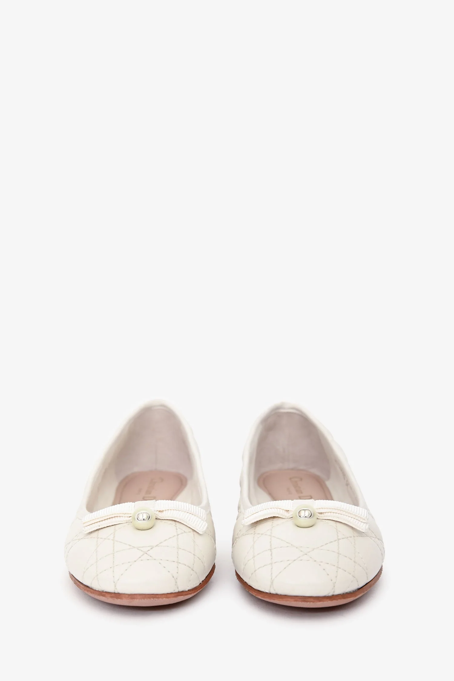 Christian Dior White Leather Cannage Pearl Bow Ballet Flats Size 37 - Image 3