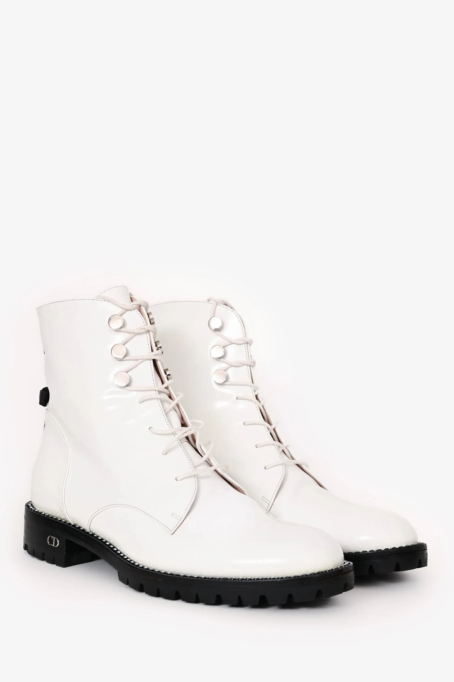 Christian Dior White Leather Crystal-Trimmed CD Combat Boots Size 37 - Image 2