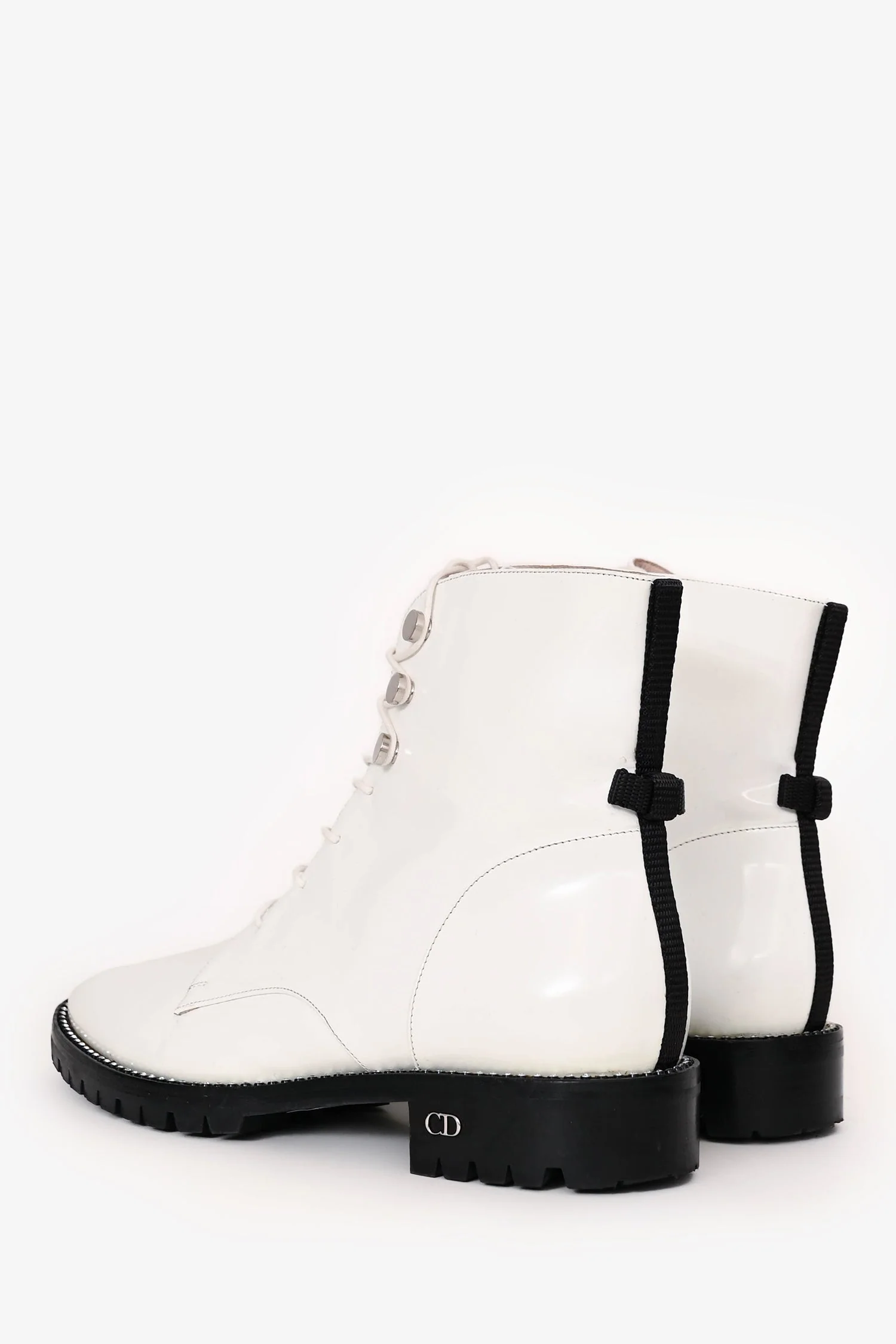 Christian Dior White Leather Crystal-Trimmed CD Combat Boots Size 37 - Image 4