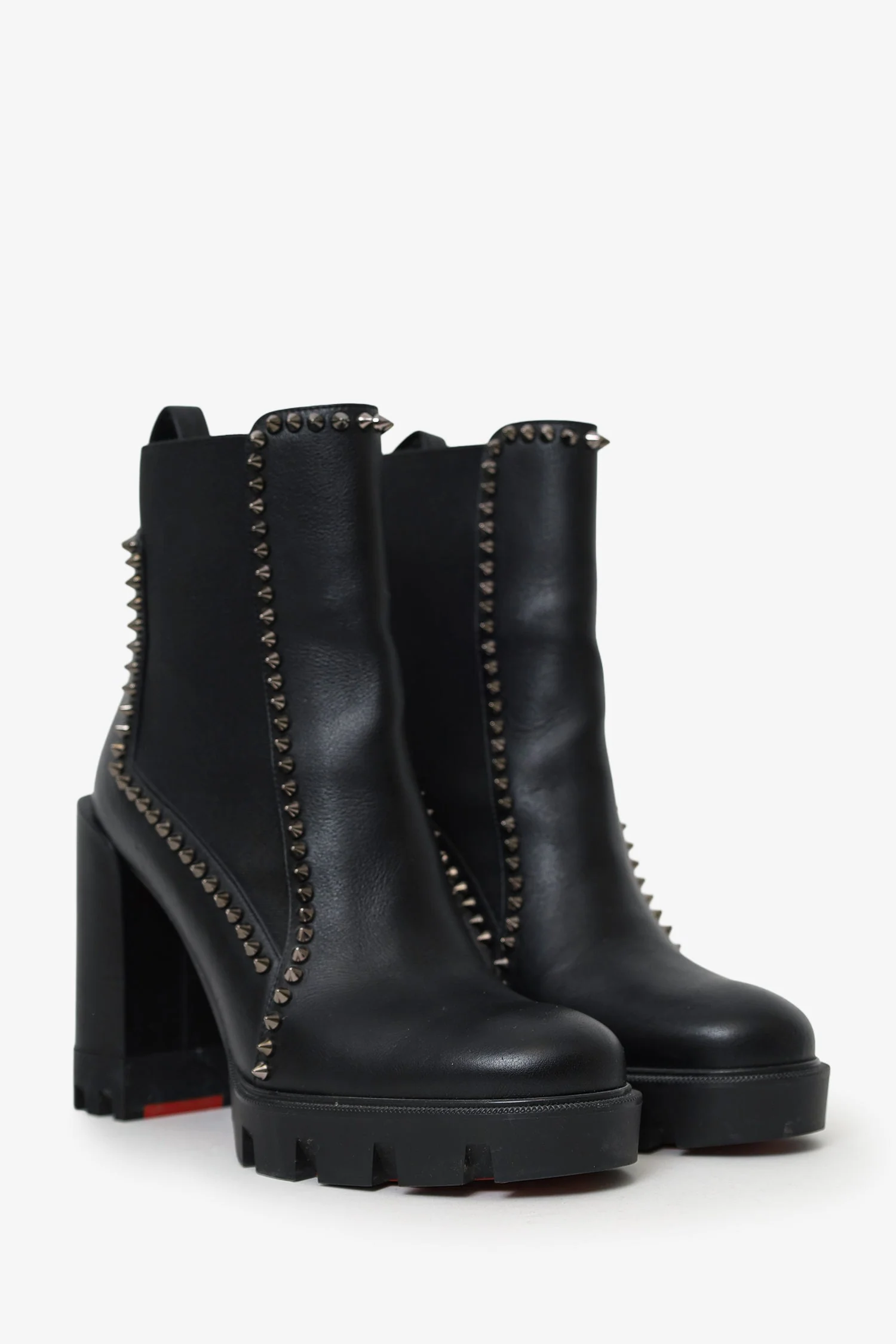 Christian Louboutin Black Leather Spike Lug Sole Heeled Boots Size 37 - Image 2