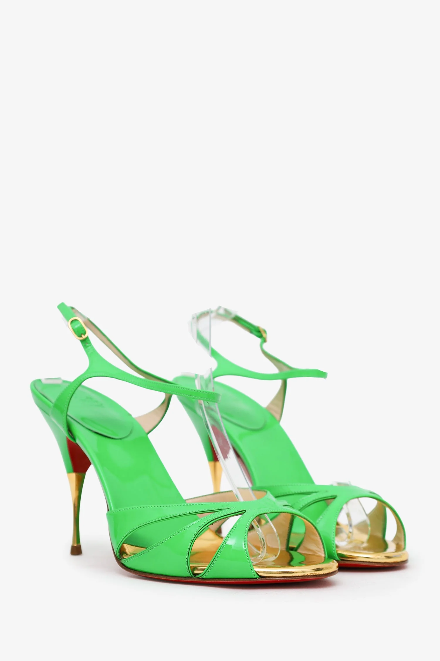 Christian Louboutin Green/Gold Patent Leather Heeled Sandals Size 40 - Image 2