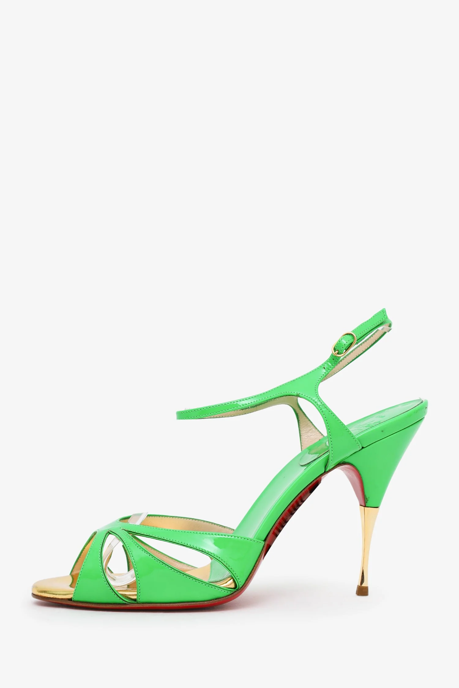 Christian Louboutin Green/Gold Patent Leather Heeled Sandals Size 40 - Image 4