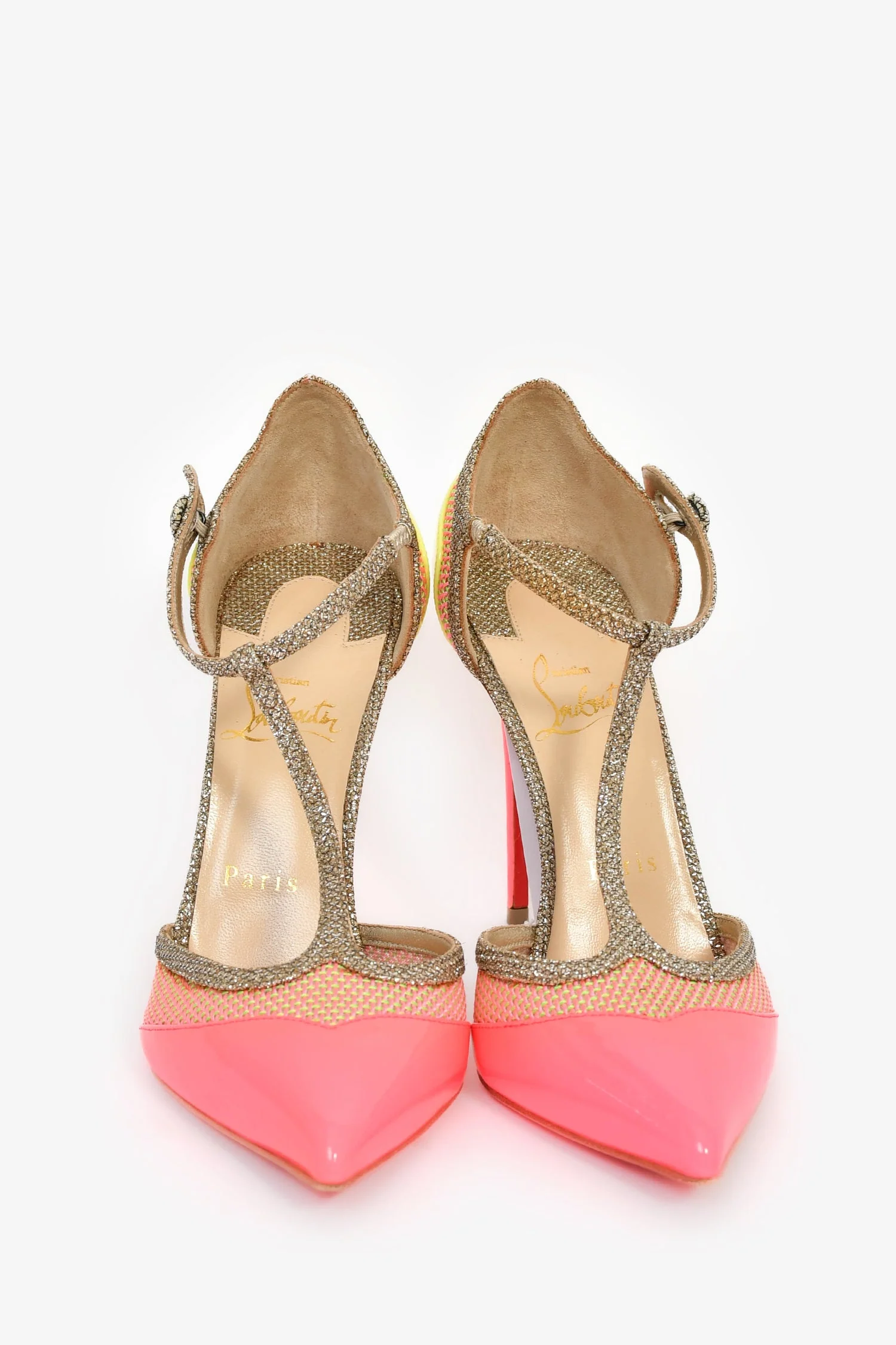 Christian Louboutin Neon Pink/Yellow Patent Sparkle Detail Heels Size 37.5 - Image 3