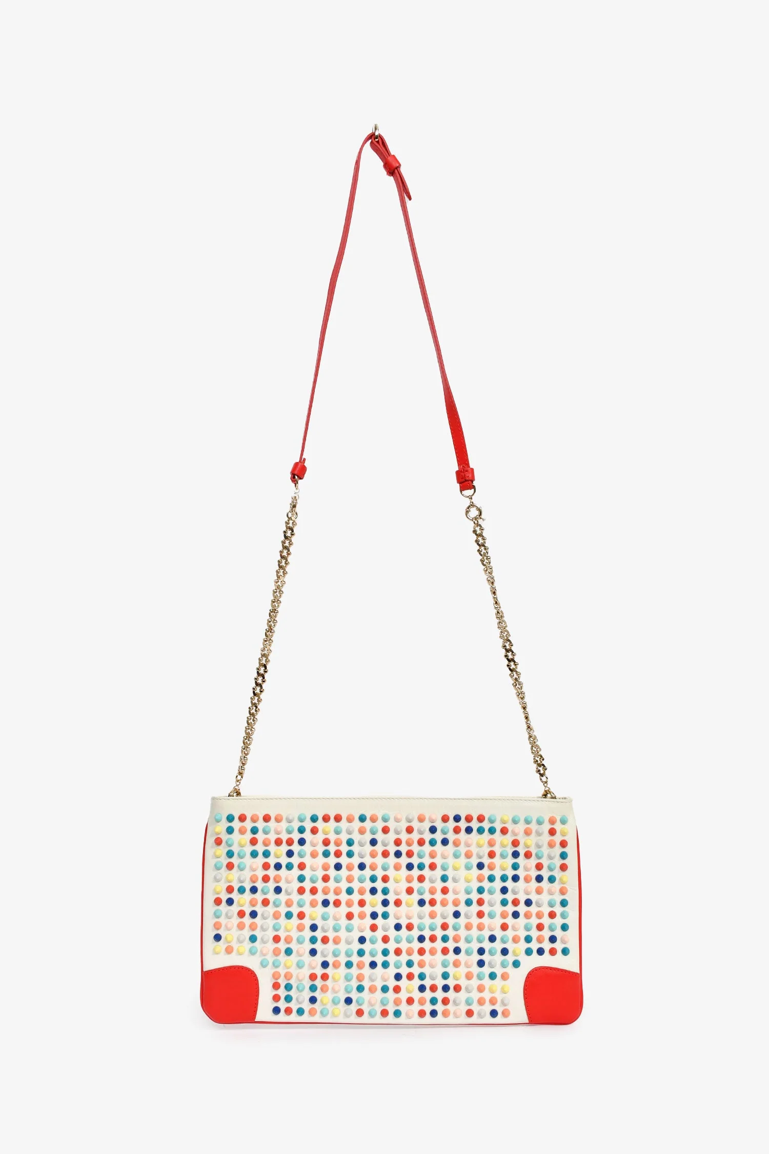 Christian Louboutin White/Red Leather Multicoloured Studded Clutch With Chain - Image 7