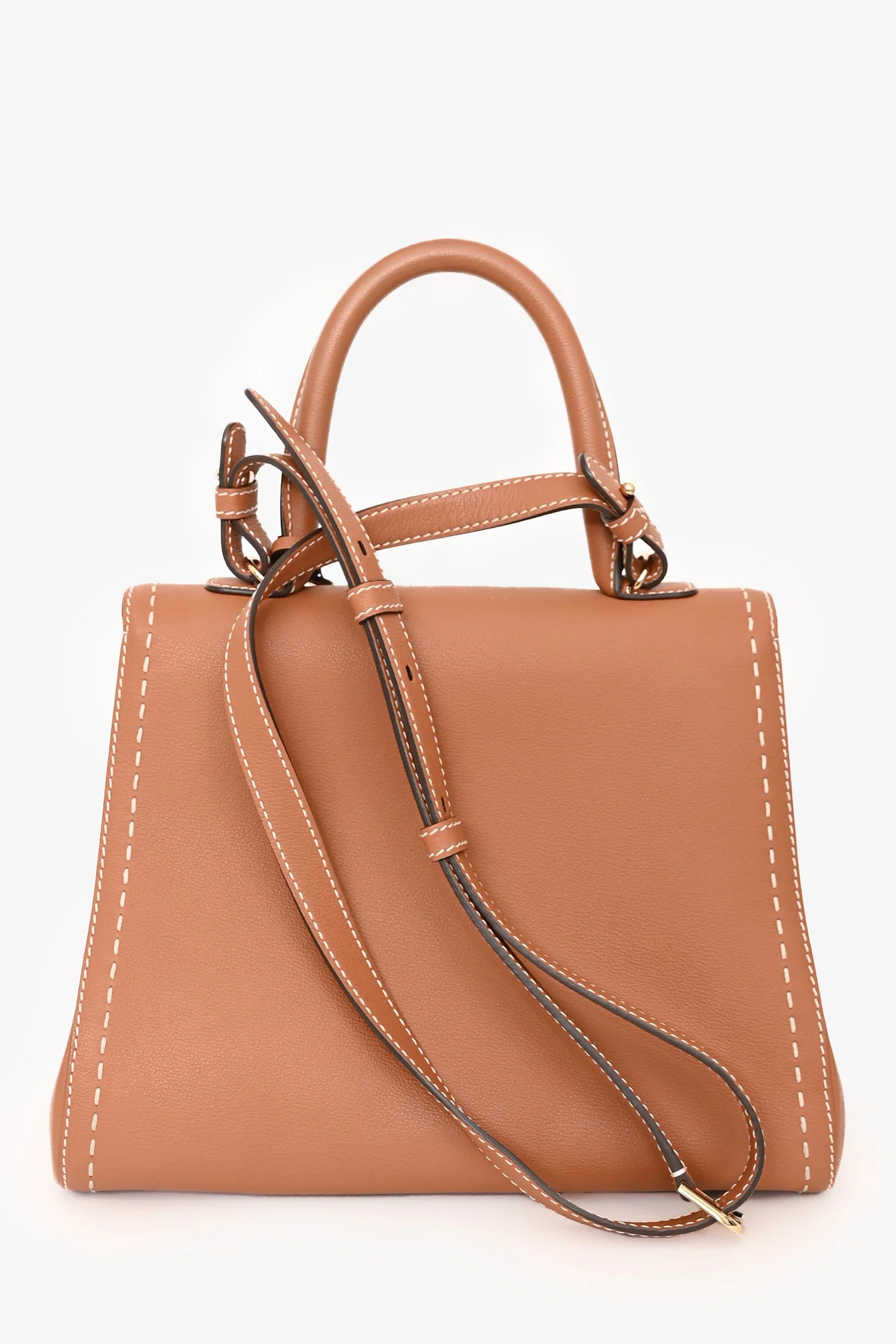 Delvaux Brown Leather Stitch Detail Le Brilliant MM Top Handle Gold Hardware with Strap - Image 2