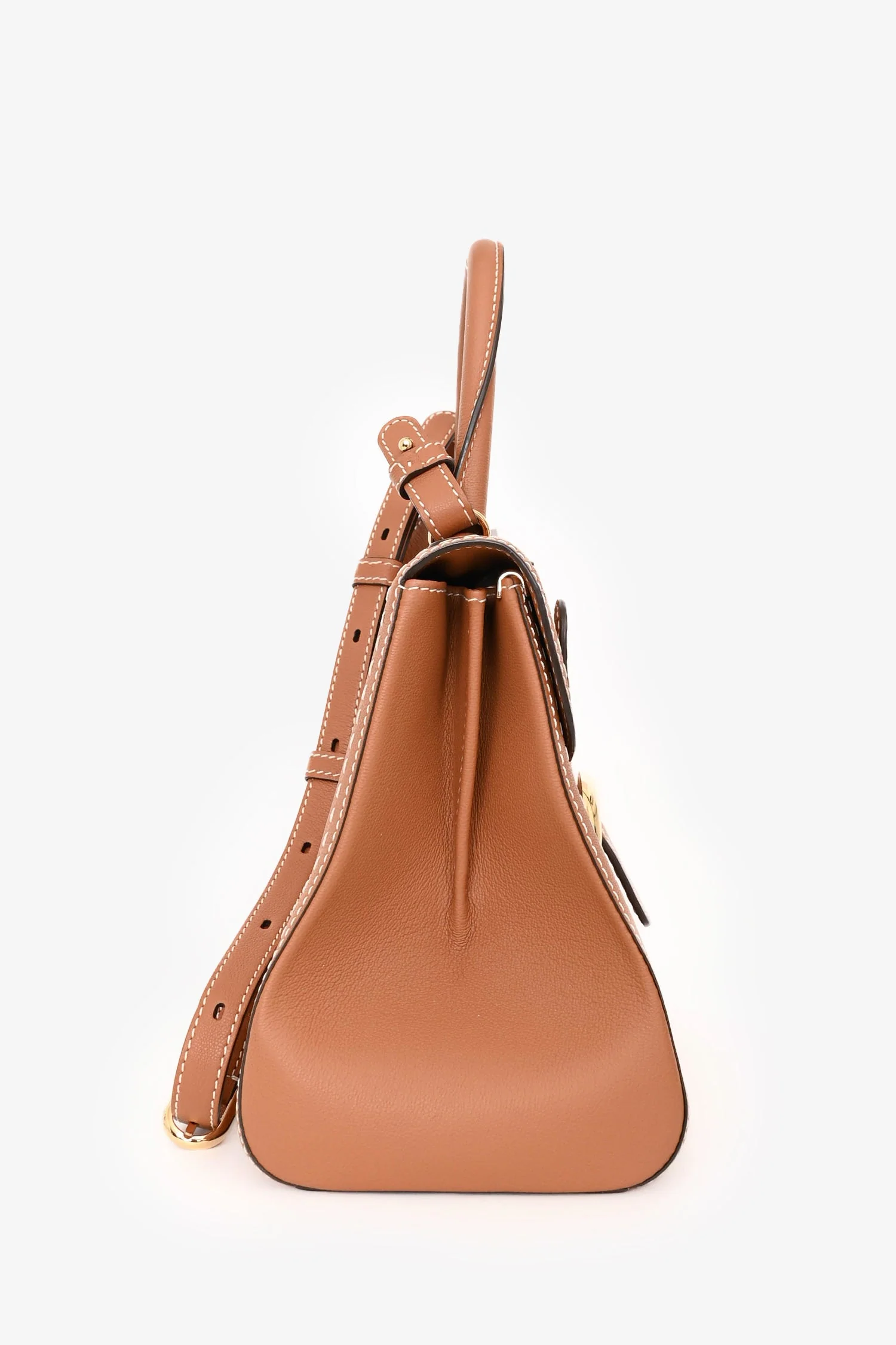 Delvaux Brown Leather Stitch Detail Le Brilliant MM Top Handle Gold Hardware with Strap - Image 3
