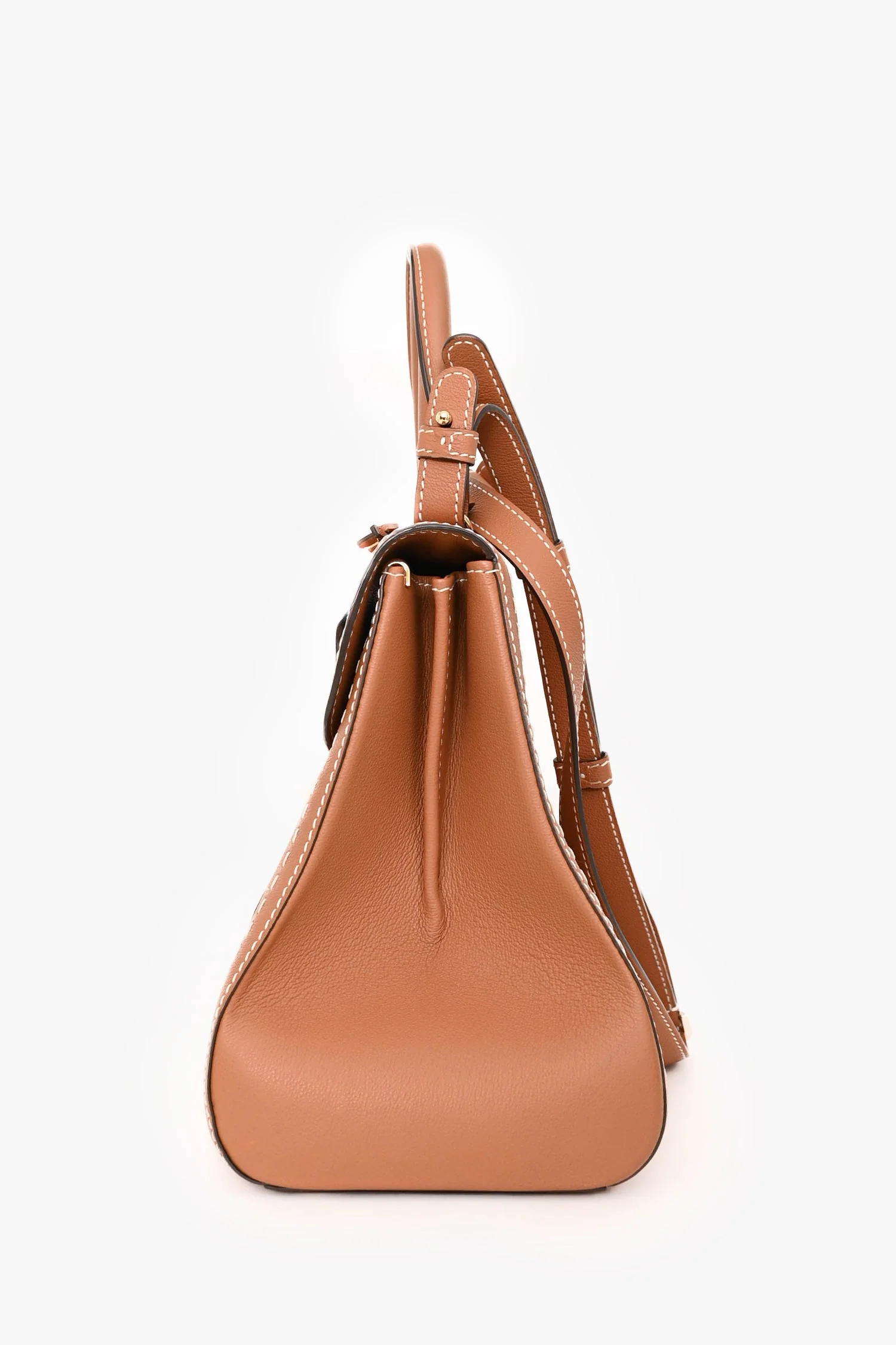 Delvaux Brown Leather Stitch Detail Le Brilliant MM Top Handle Gold Hardware with Strap - Image 4