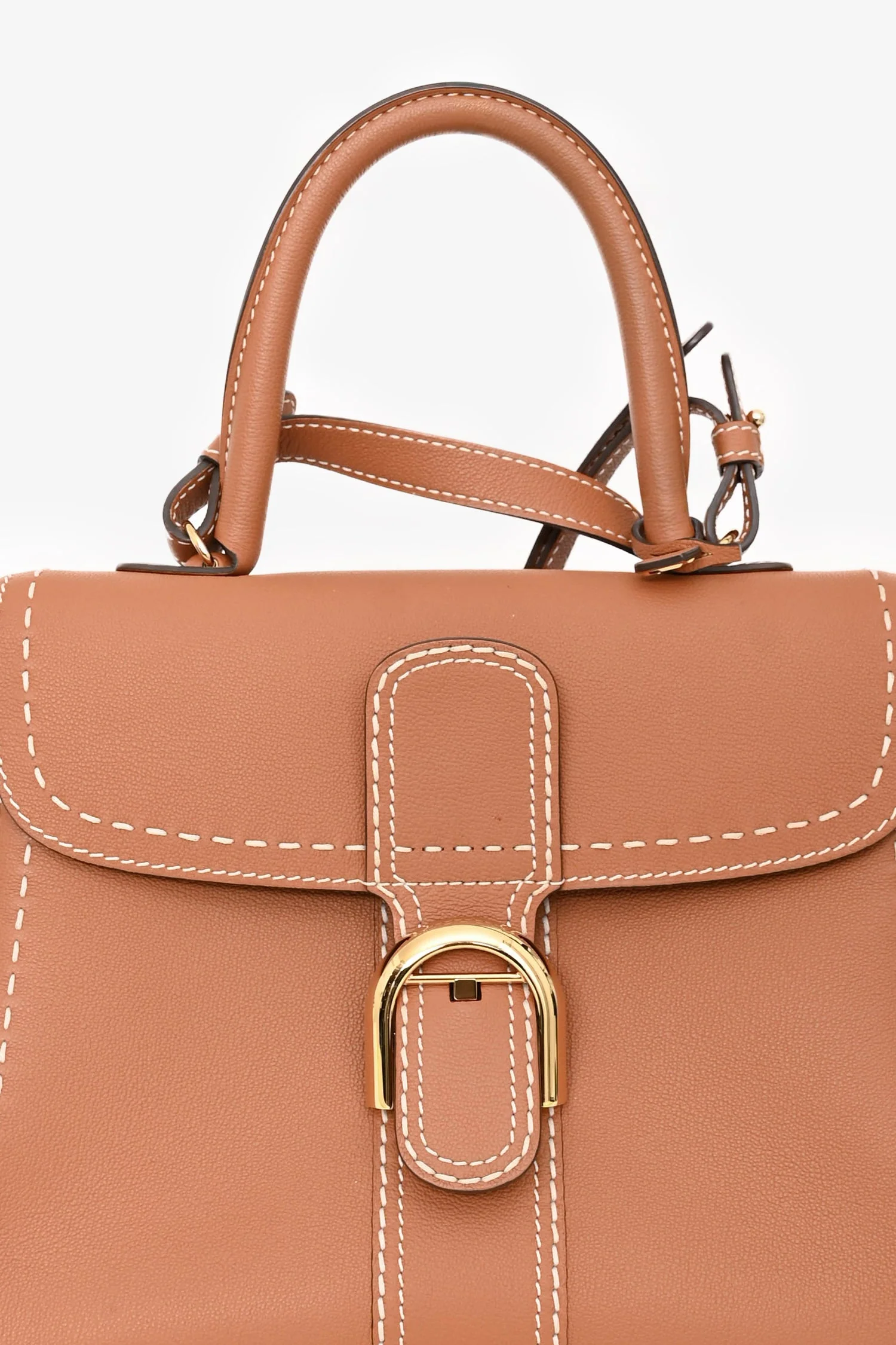 Delvaux Brown Leather Stitch Detail Le Brilliant MM Top Handle Gold Hardware with Strap - Image 6