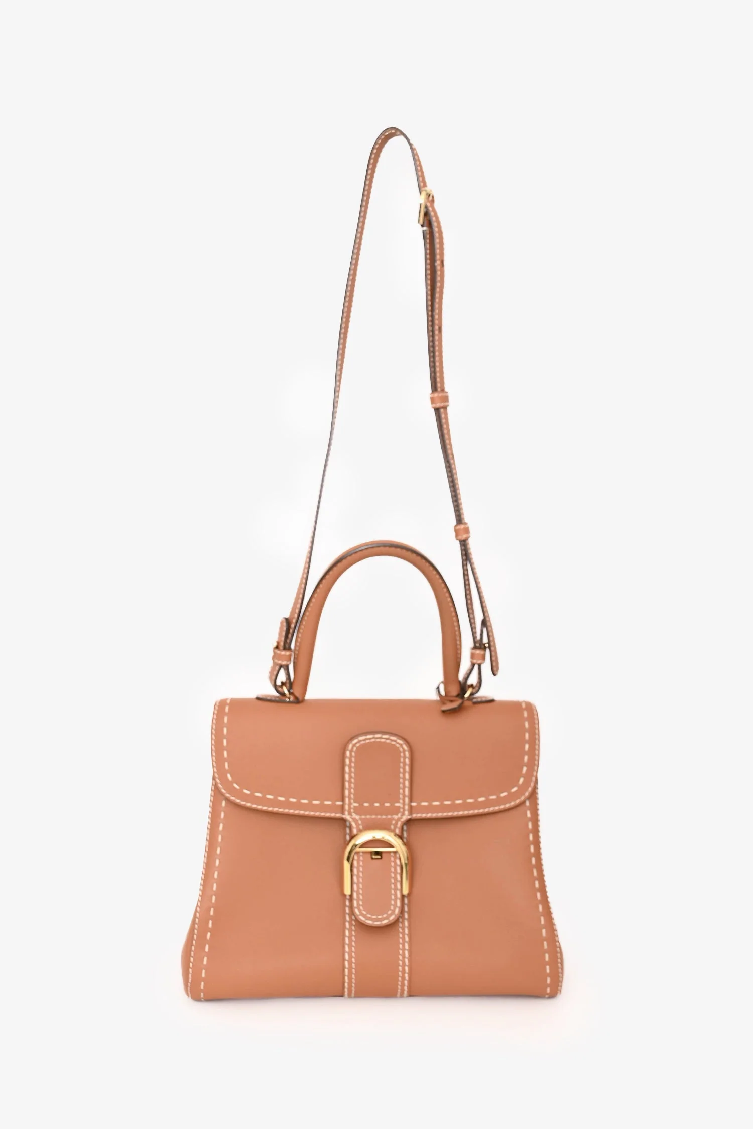 Delvaux Brown Leather Stitch Detail Le Brilliant MM Top Handle Gold Hardware with Strap - Image 8