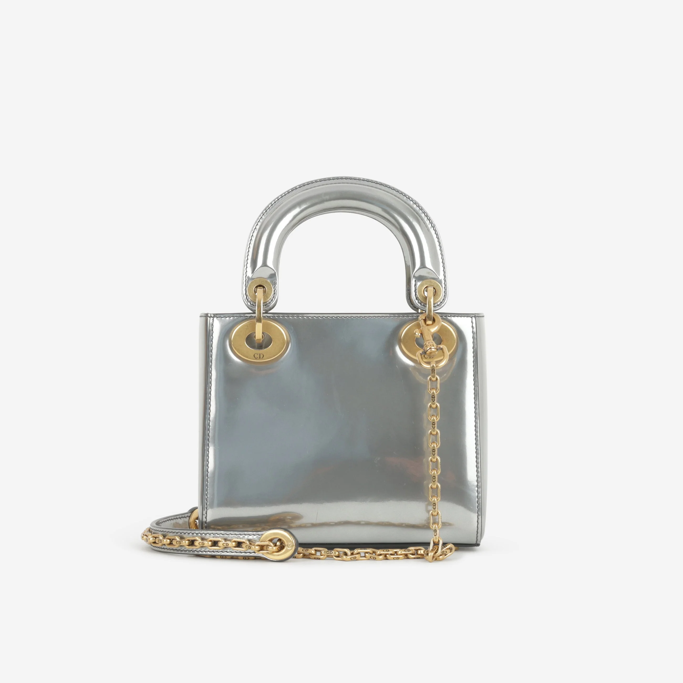 Dior Mini Lady Dior - Silver Glazed Calfskin | Antique Gold Hardware - Image 3