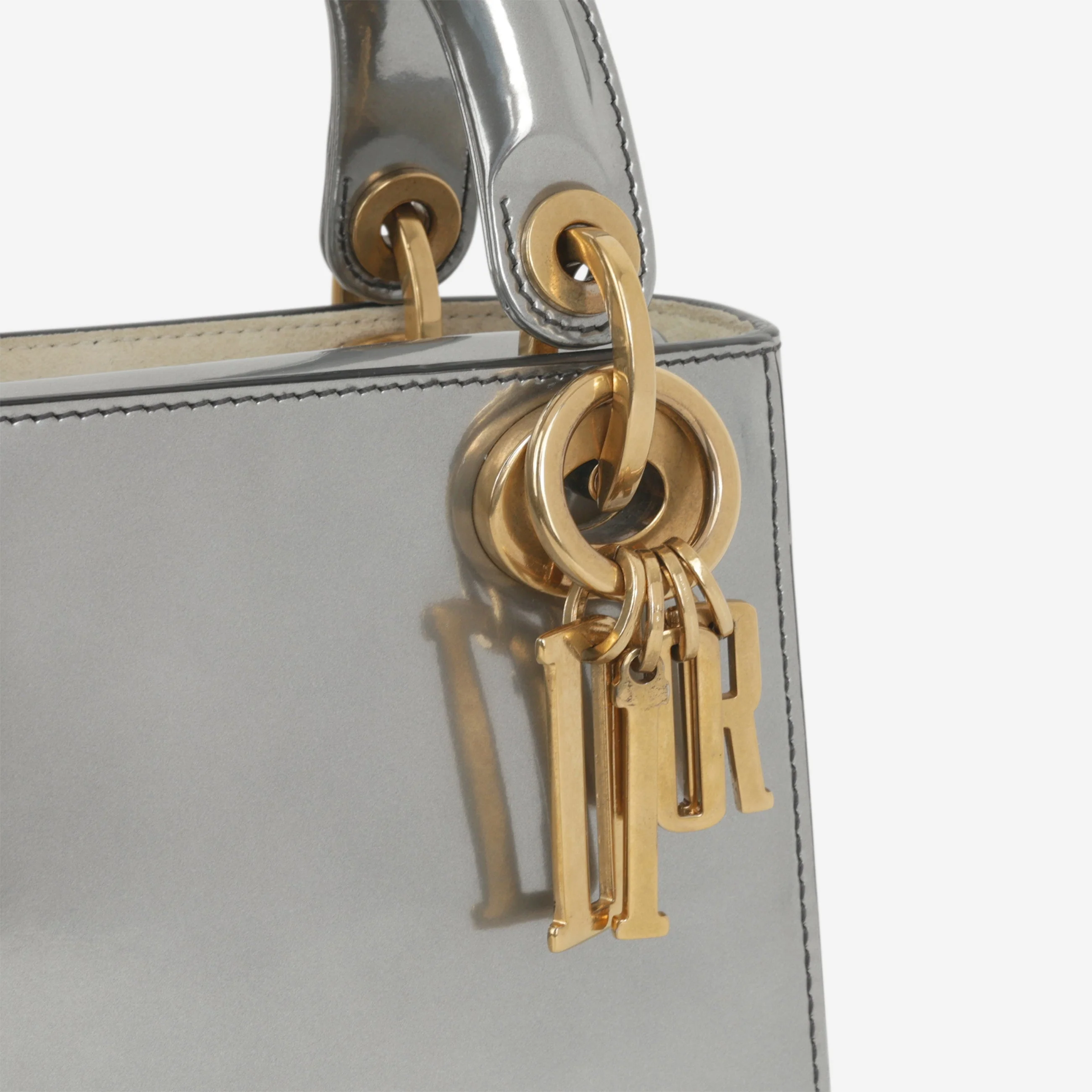 Dior Mini Lady Dior - Silver Glazed Calfskin | Antique Gold Hardware - Image 6