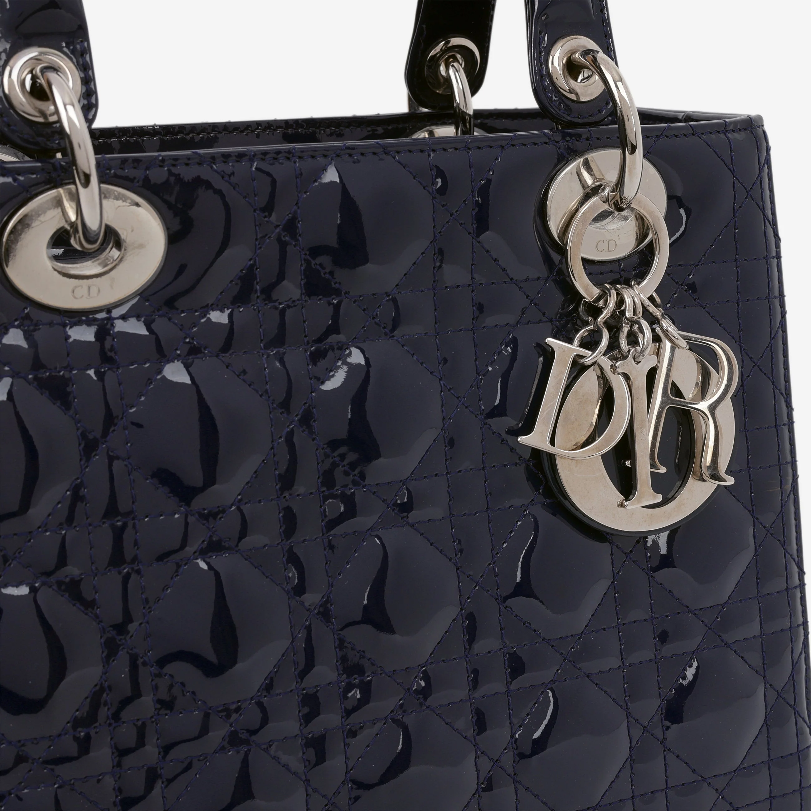 Dior Medium Lady Dior - Navy Patent Calfskin | Silver Hardware - Image 8