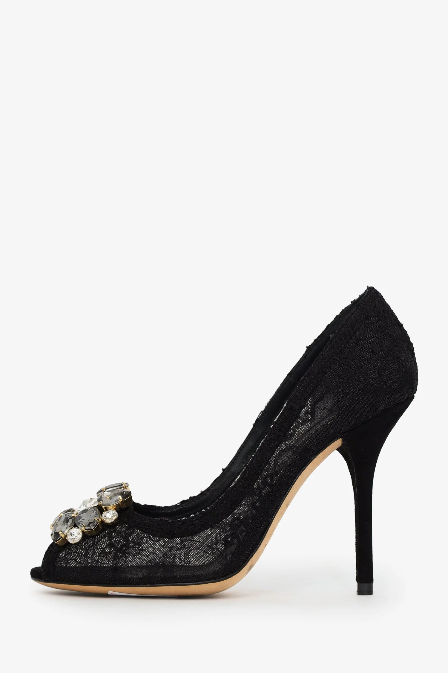 Dolce & Gabbana Black Lace Crystal Flower Heels Size 36.5 - Image 4