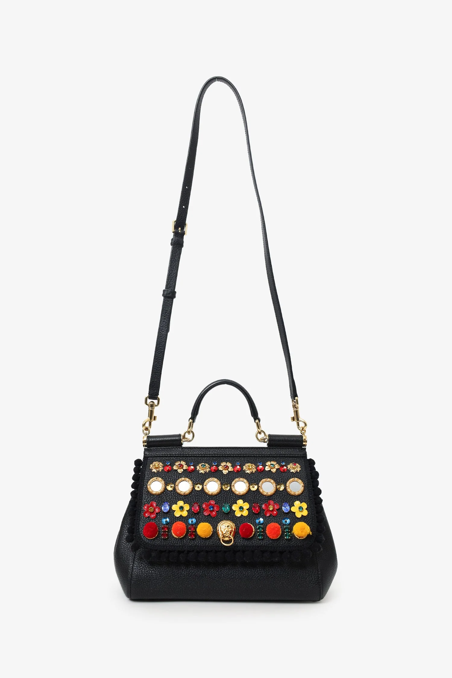 Dolce & Gabbana Black Leather Embellished Medium Sicily Top Handle Bag - Image 6