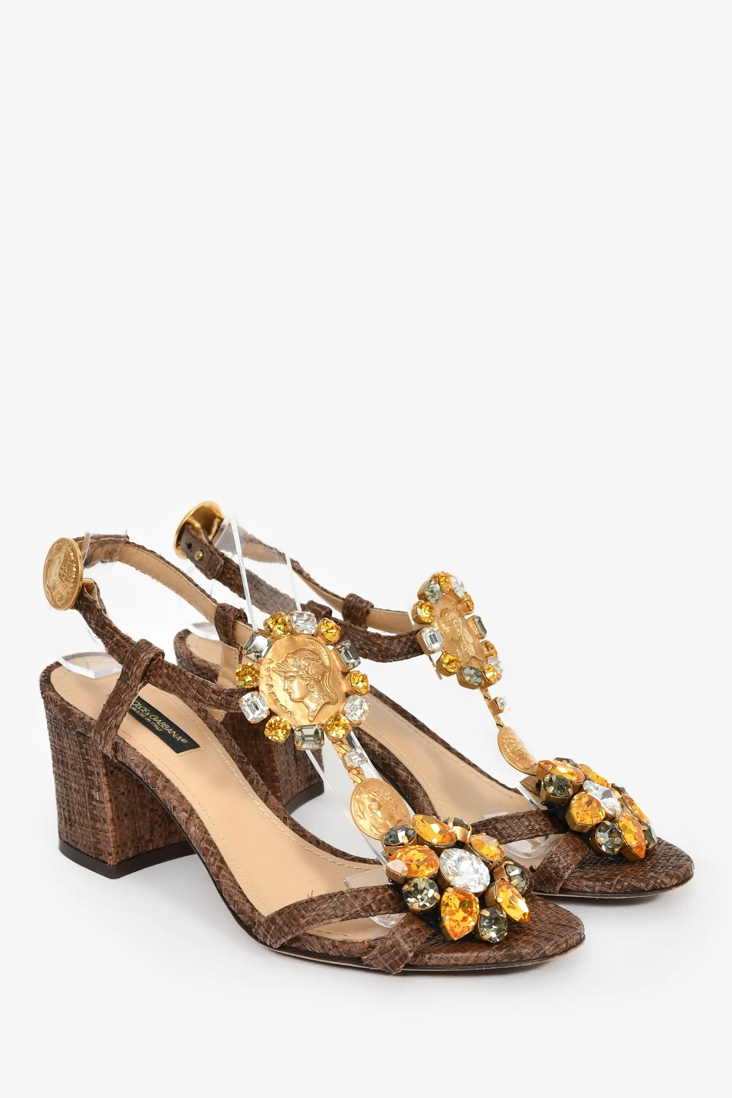 Dolce & Gabbana Brown Raffia Yellow Crystal Embellished Heeled Sandals Size 37 - Image 2