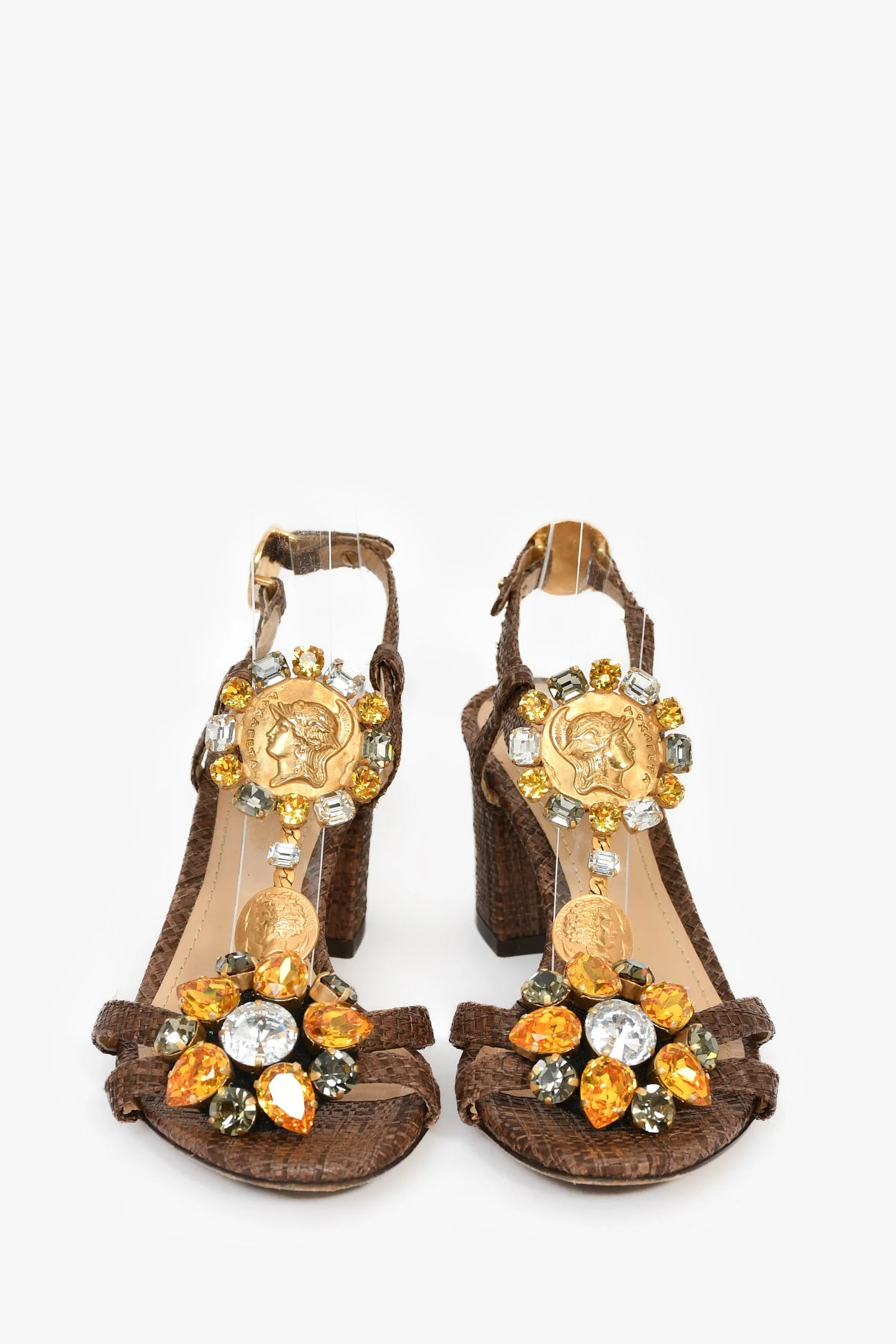 Dolce & Gabbana Brown Raffia Yellow Crystal Embellished Heeled Sandals Size 37 - Image 3