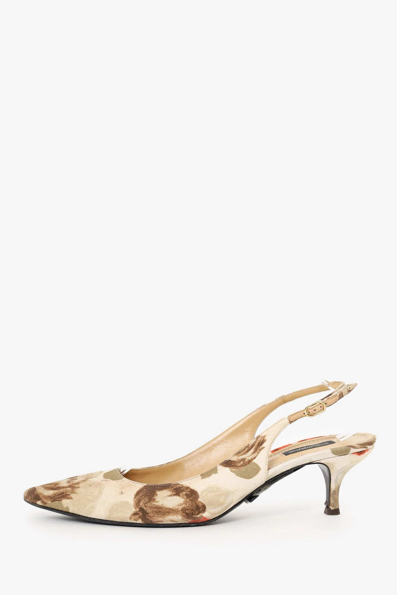 Dolce & Gabbana Cream/Brown Floral Print Sling Back Kitten Heels Size 41 - Image 4