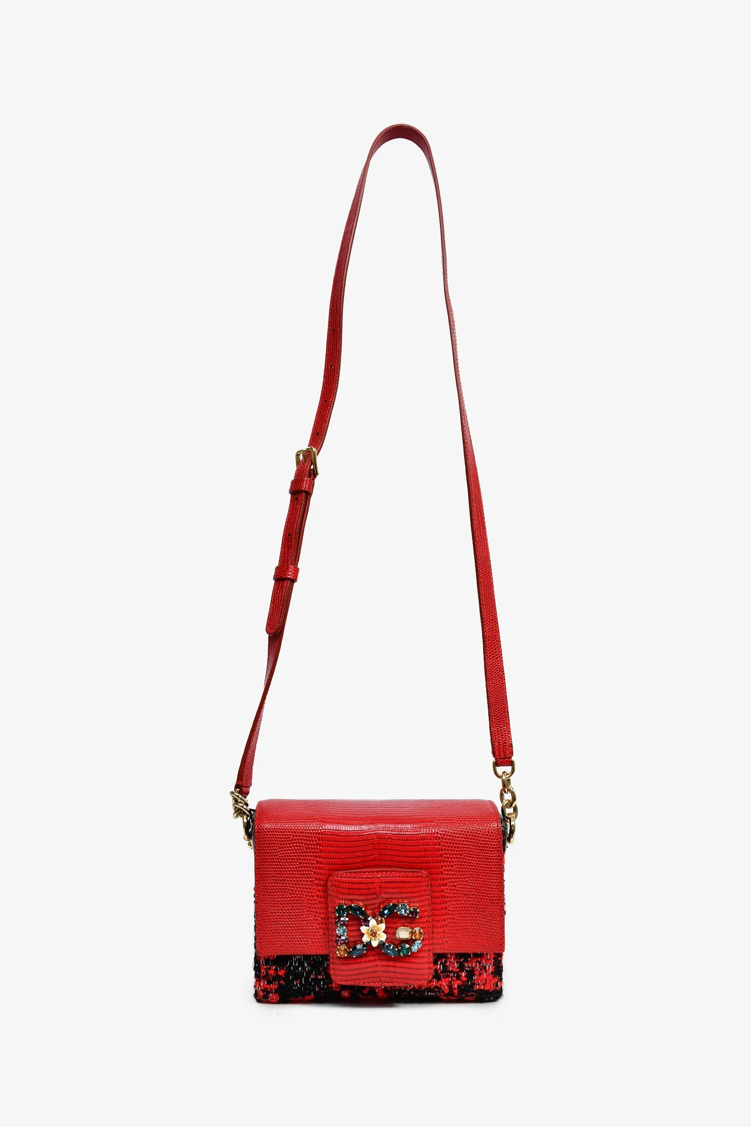 Dolce & Gabbana Red Embossed Leather Tweed Crystal DG Mini Crossbody Bag - Image 7
