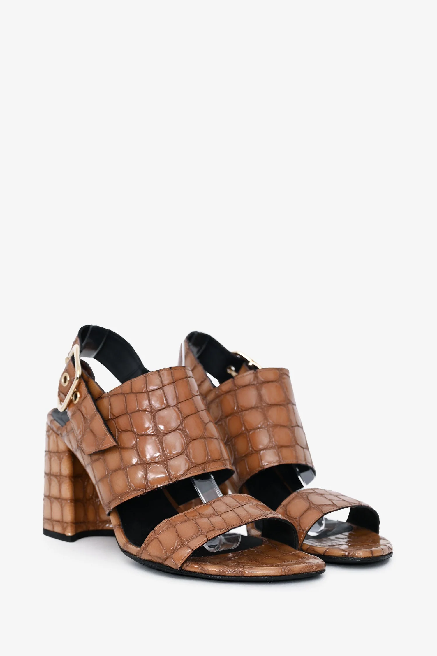 Dries Van Noten Brown Patent Croc Embossed Leather Sandal Heels Size 40 - Image 2