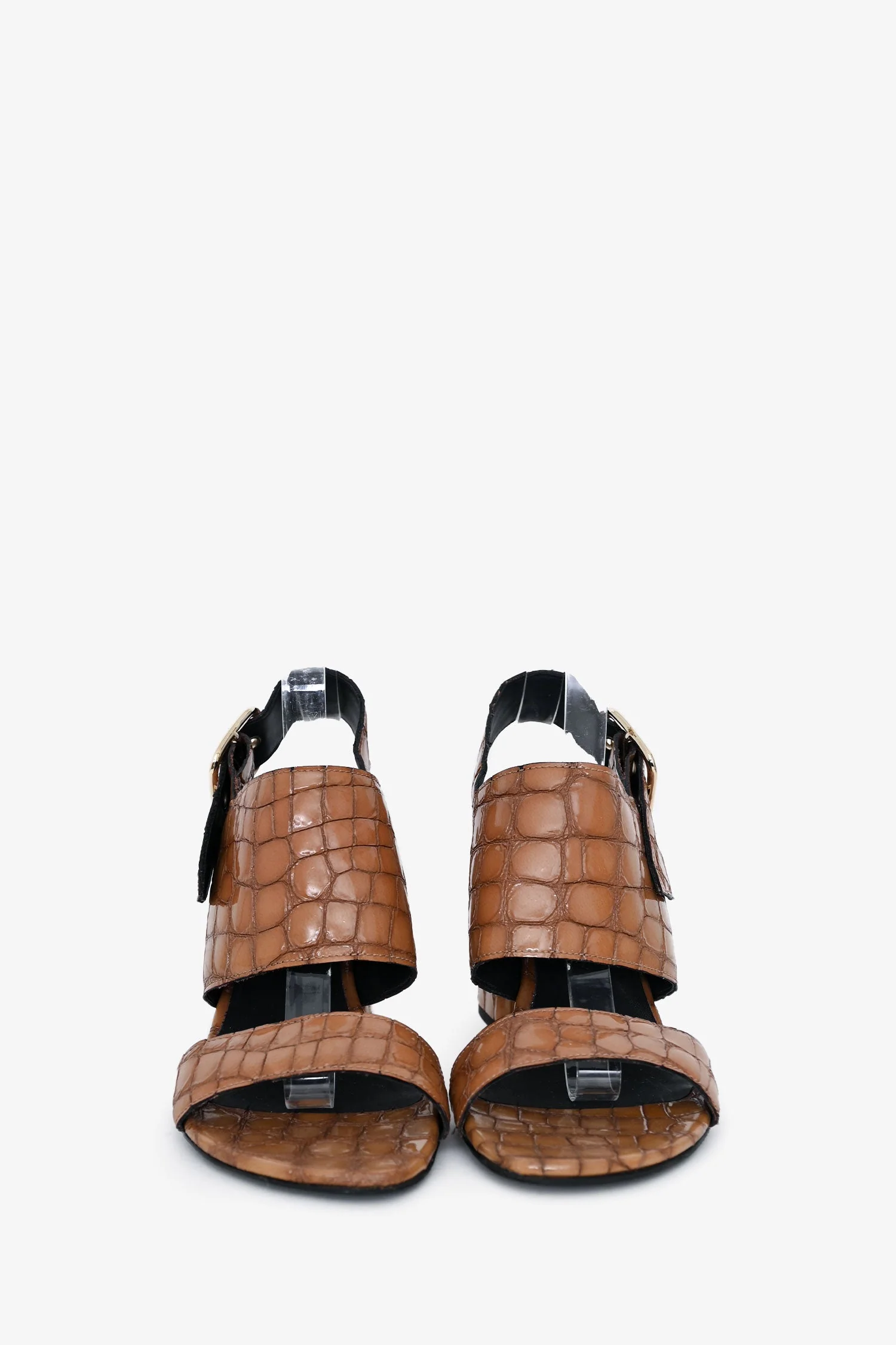 Dries Van Noten Brown Patent Croc Embossed Leather Sandal Heels Size 40 - Image 3