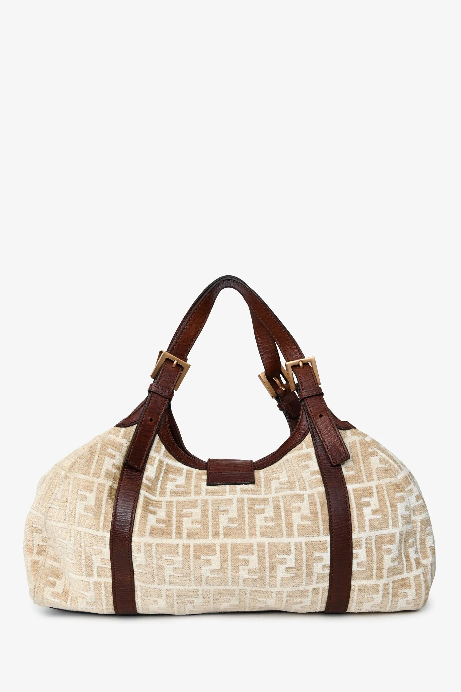 Fendi Beige/Brown Velvet/Leather Zucca Baguette Hobo Bag - Image 2