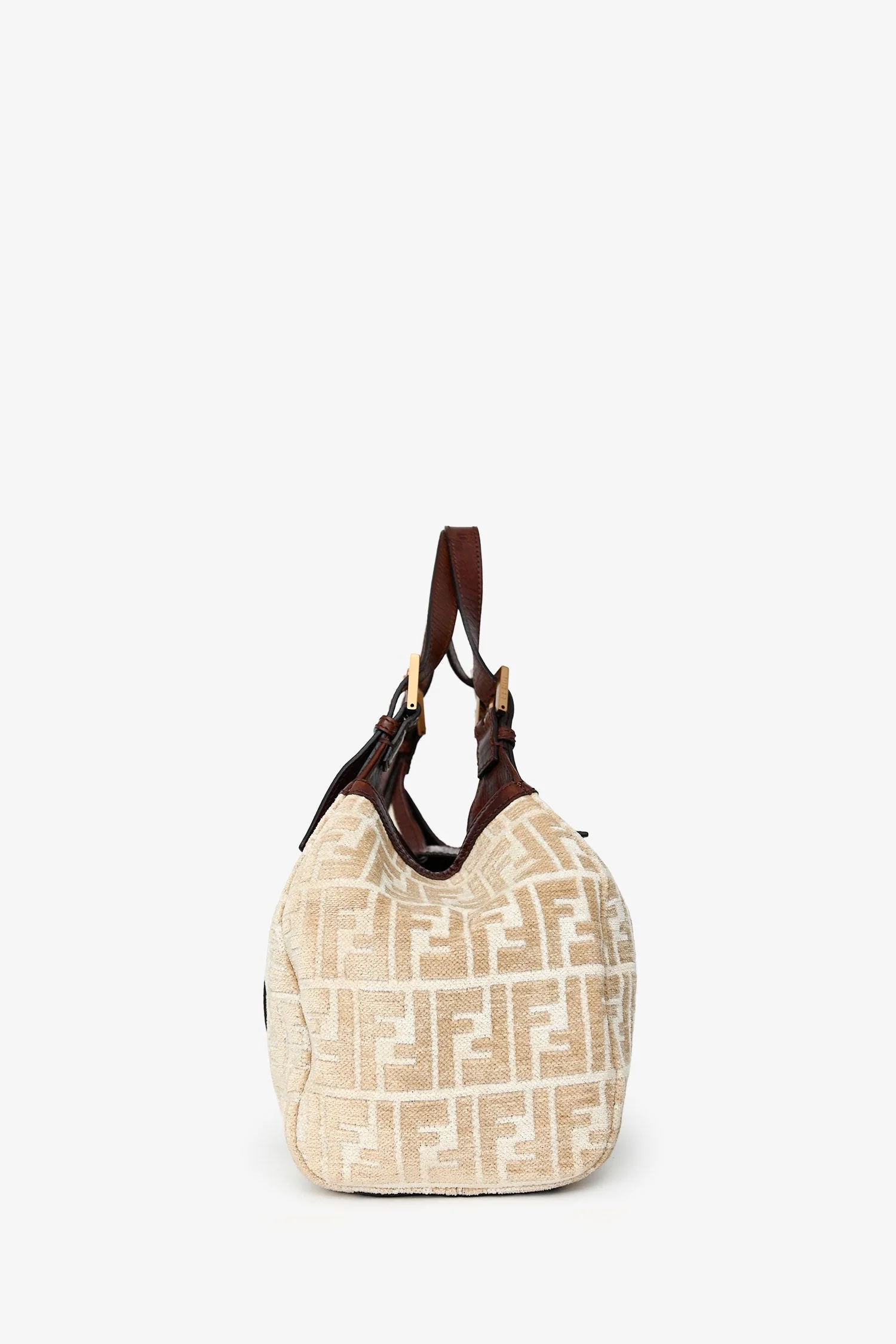 Fendi Beige/Brown Velvet/Leather Zucca Baguette Hobo Bag - Image 3