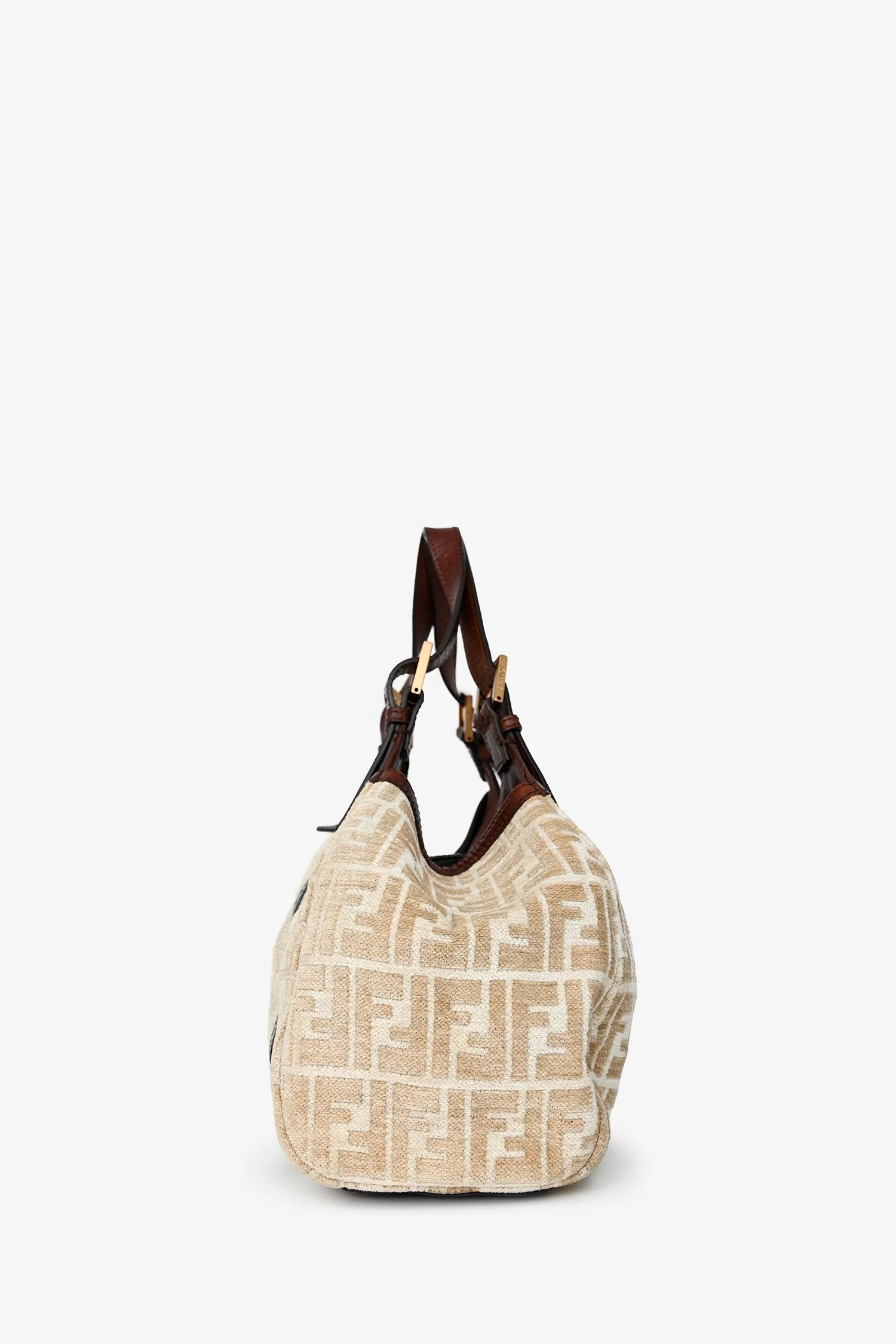 Fendi Beige/Brown Velvet/Leather Zucca Baguette Hobo Bag - Image 4