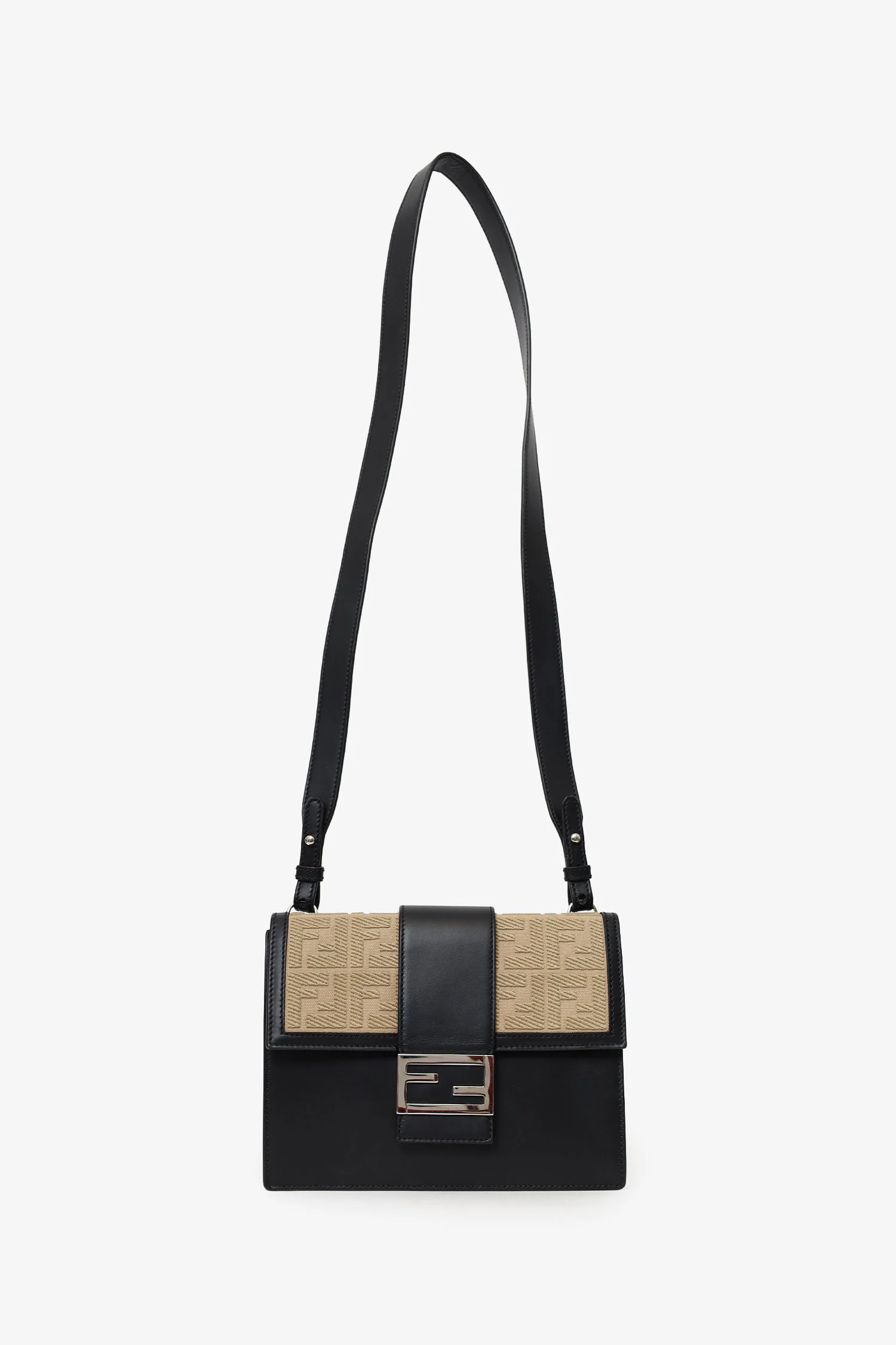 Fendi Black/Beige Calfskin/Canvas FF 1974 Flat Baguette Crossbody - Image 6
