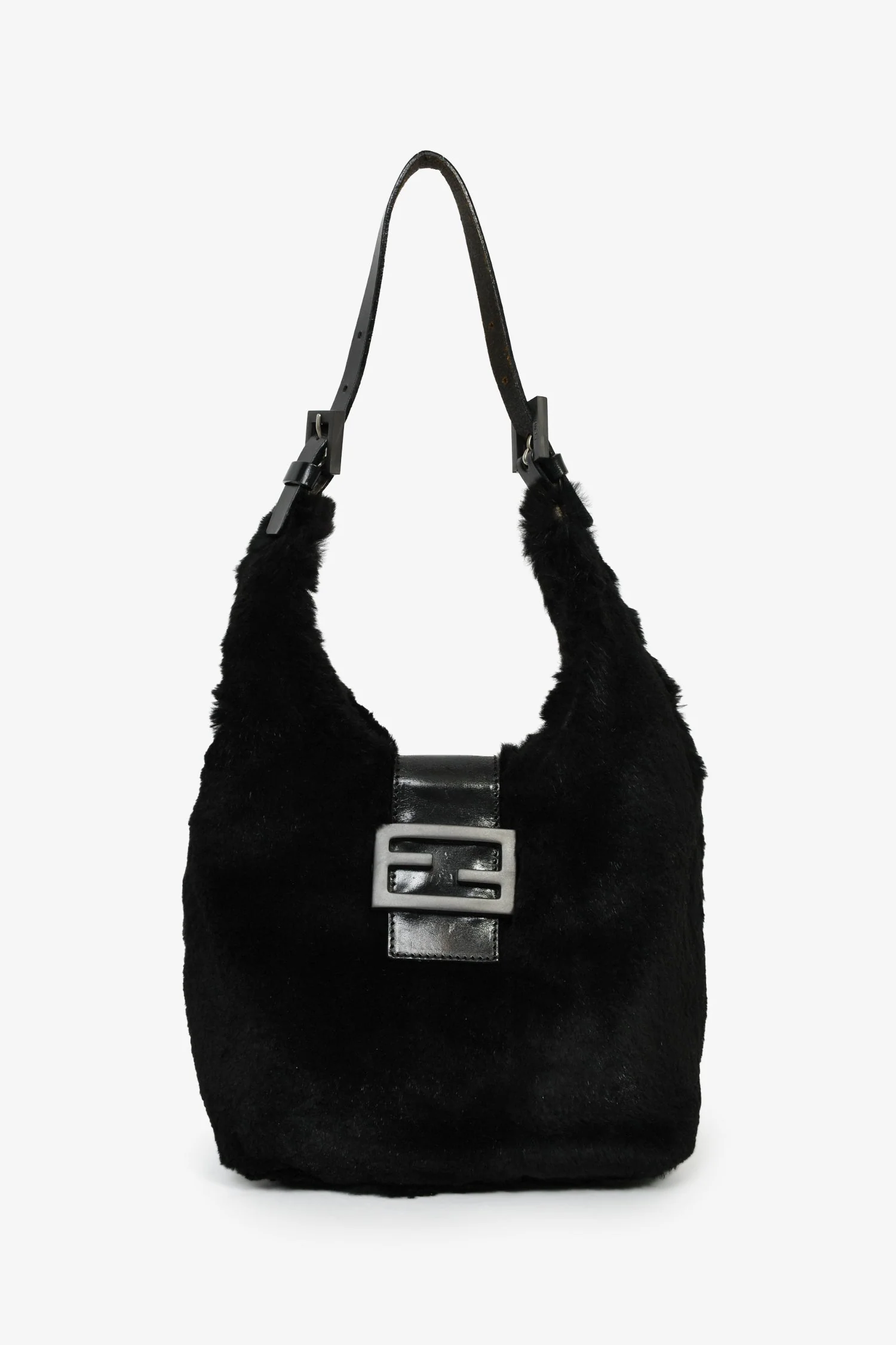 Fendi Black Chinchilla Fur Baguette Hobo Bag