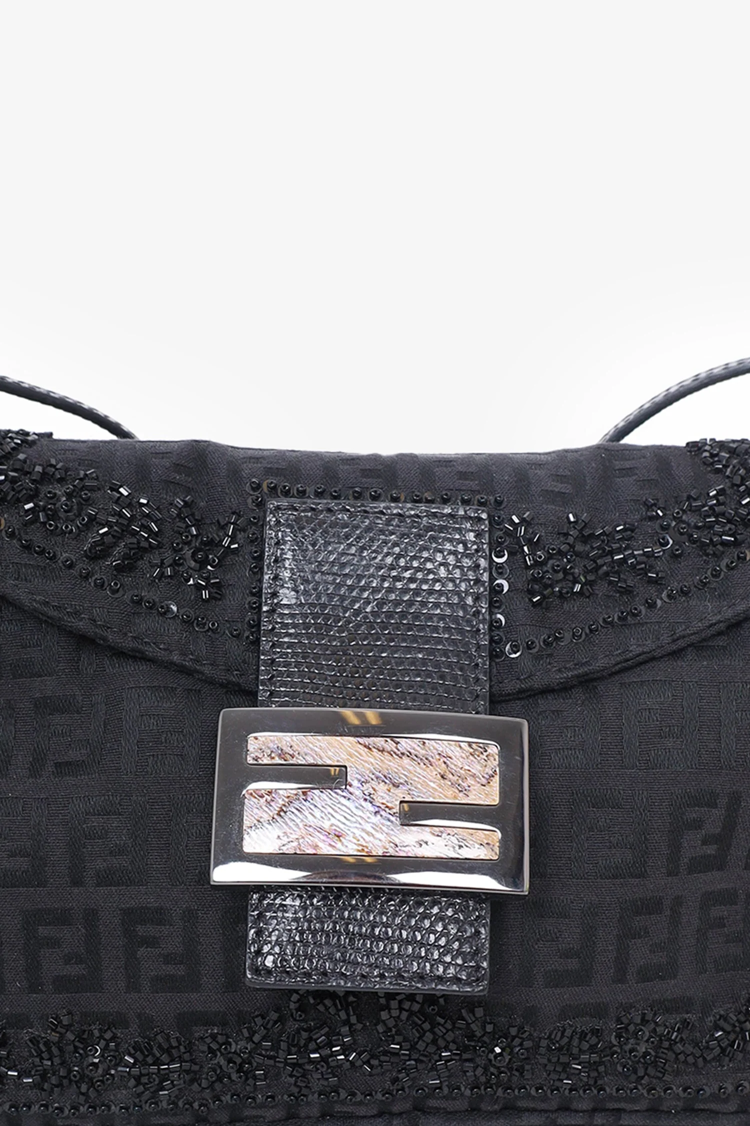 Fendi Black FF Zucca Beaded Lizard Trimmed Baguette - Image 2