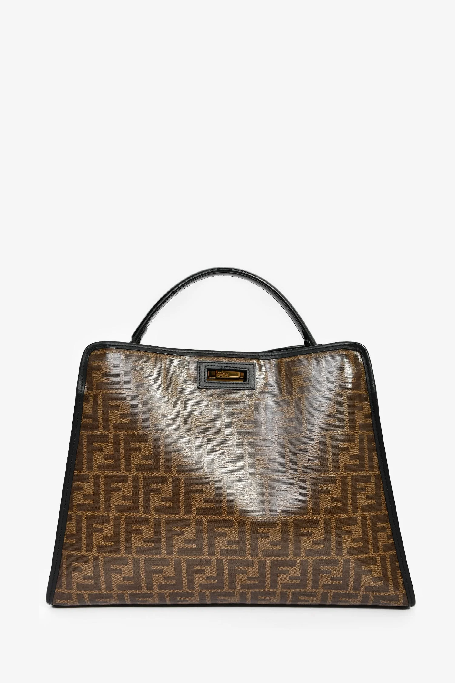 Fendi Black Patent Medium 'Peekaboo' Top Handle With Brown Zucca Canvas Defender - Image 2