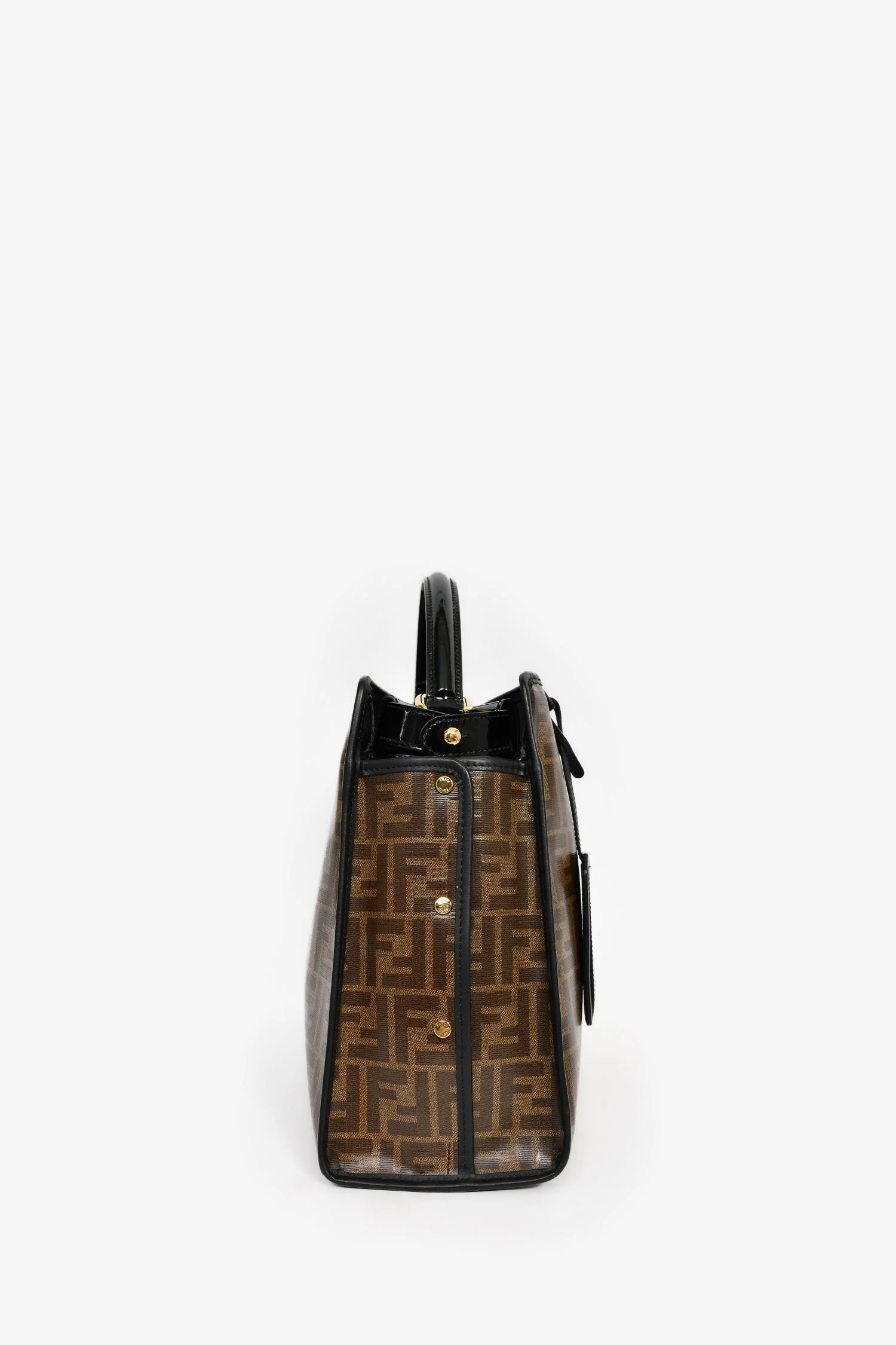 Fendi Black Patent Medium 'Peekaboo' Top Handle With Brown Zucca Canvas Defender - Image 3